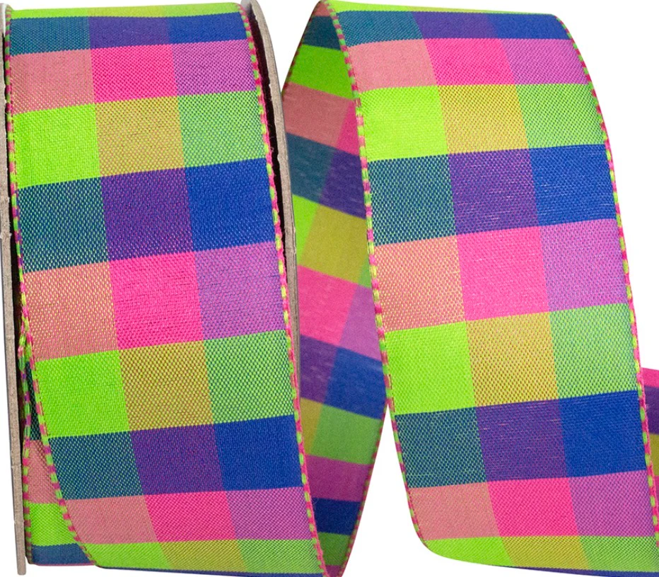Pink, Royal Blue & Lime Green Celine Check Wired Ribbon - 1.5" x 25yds