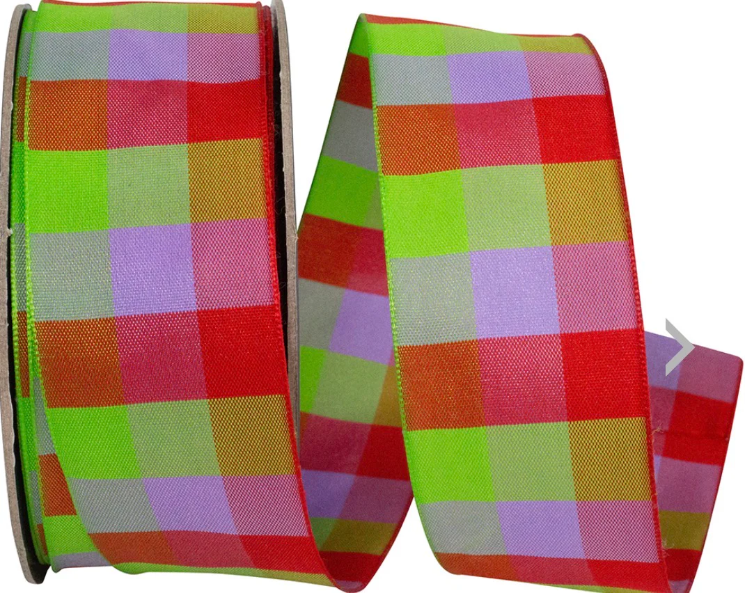Red, Purple & Lime Green Celine Check Wired Ribbon - 1.5" x 25yds