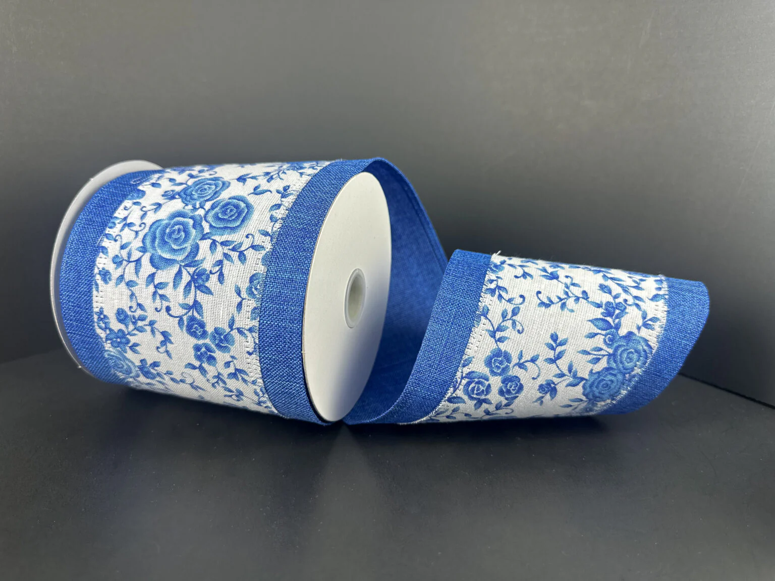 Chino w/ Blue Linen Edge Wired Ribbon - 4" x 10yds