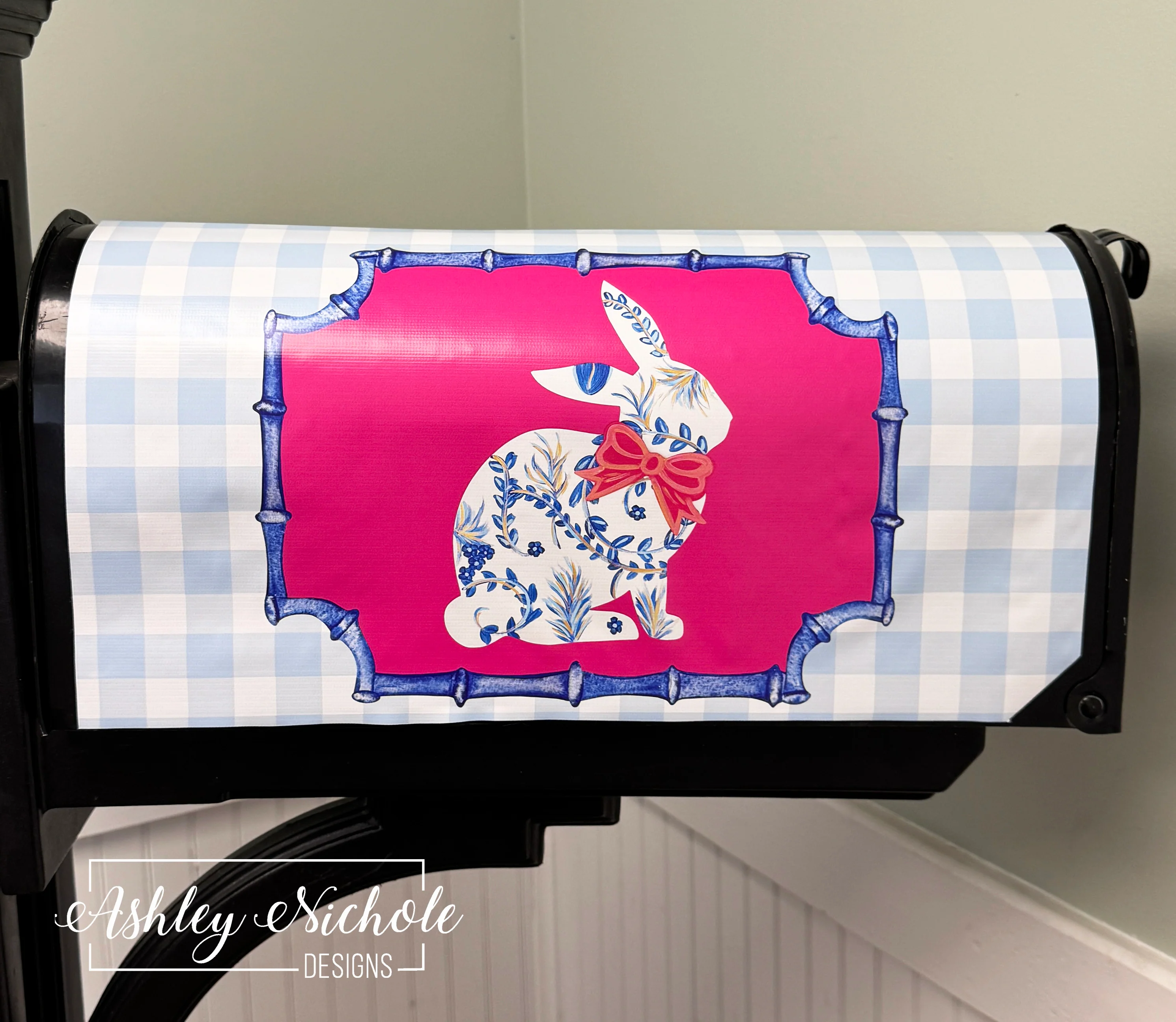 Chinoiserie Inspired Sitting Bunny (BLUE) - Magnetic Vinyl Mailbox Cover