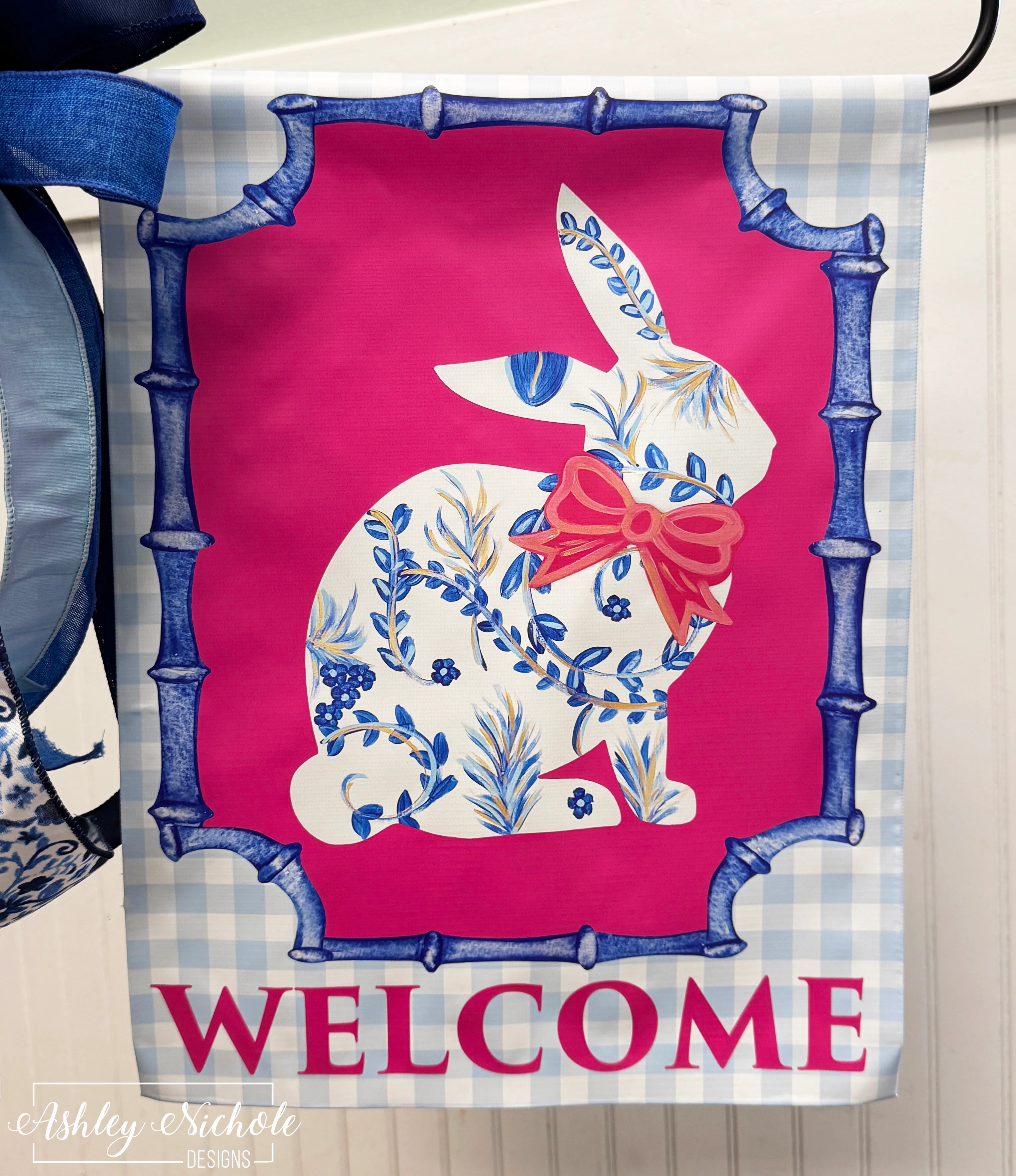 Chinoiserie Inspired Sitting Bunny - BLUE - Vinyl Garden Flag