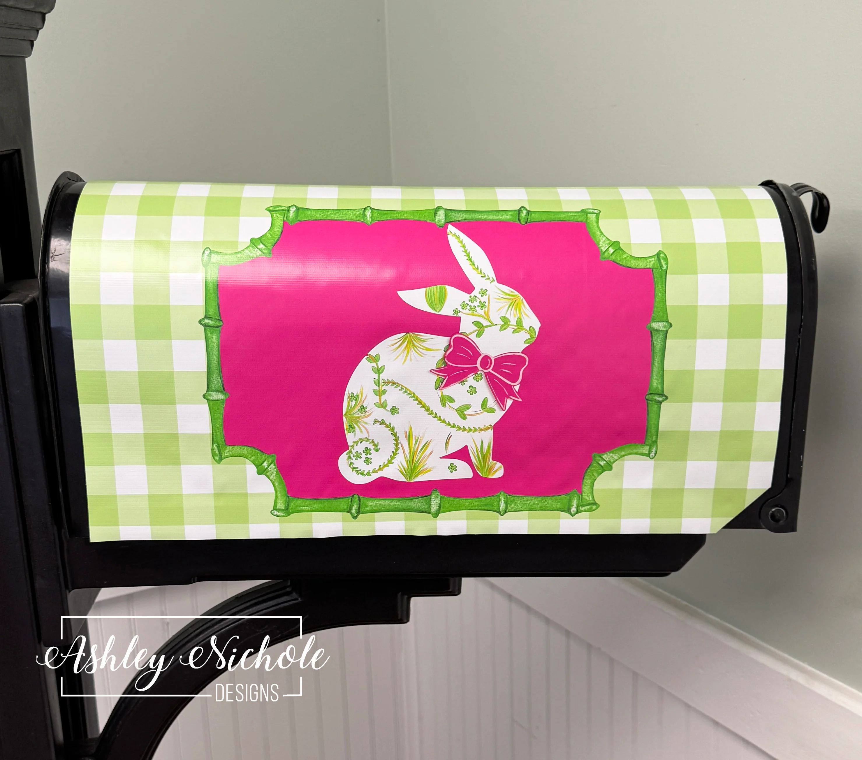 Chinoiserie Inspired Sitting Bunny (GREEN) - Magnetic Vinyl Mailbox Cover