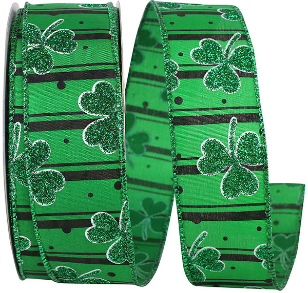 Green Clover Glitter Stripes Wired Ribbon - 1.5" x 20yds