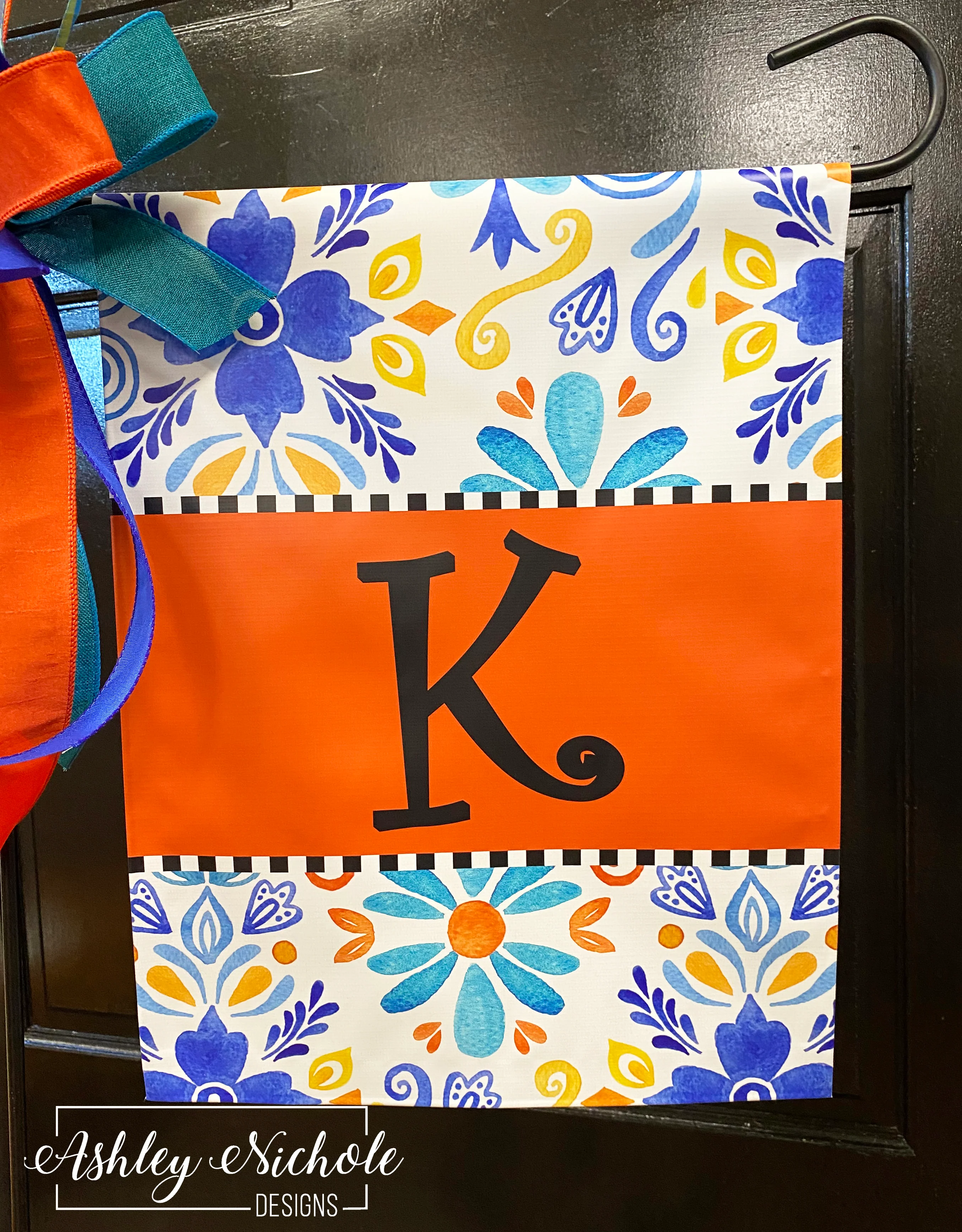 Cool Blues Fall Initial - Vinyl Garden Flag
