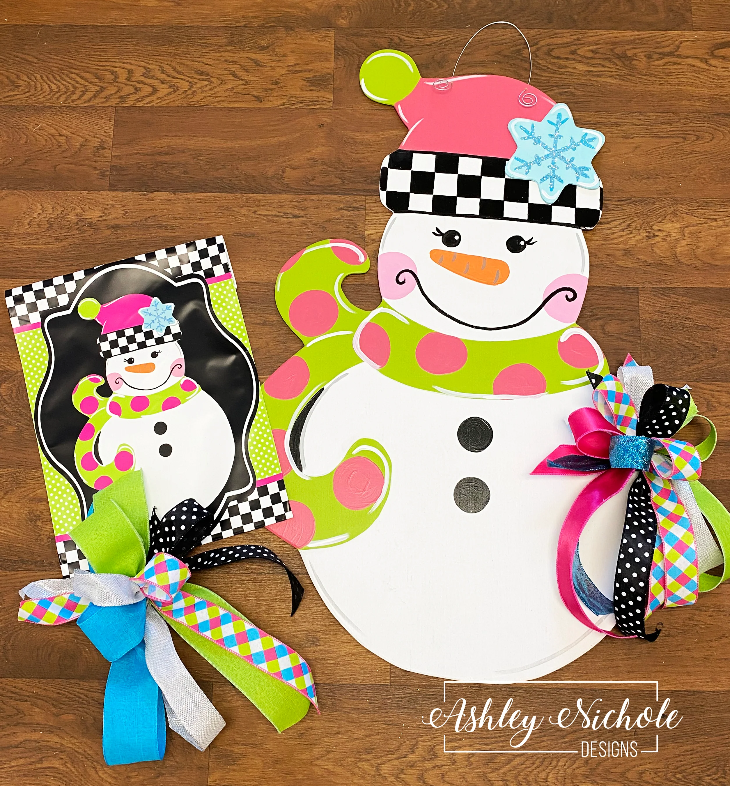 Snowman - Checkered GIRL Version Door Hanger (Hand Painted) - Image 3