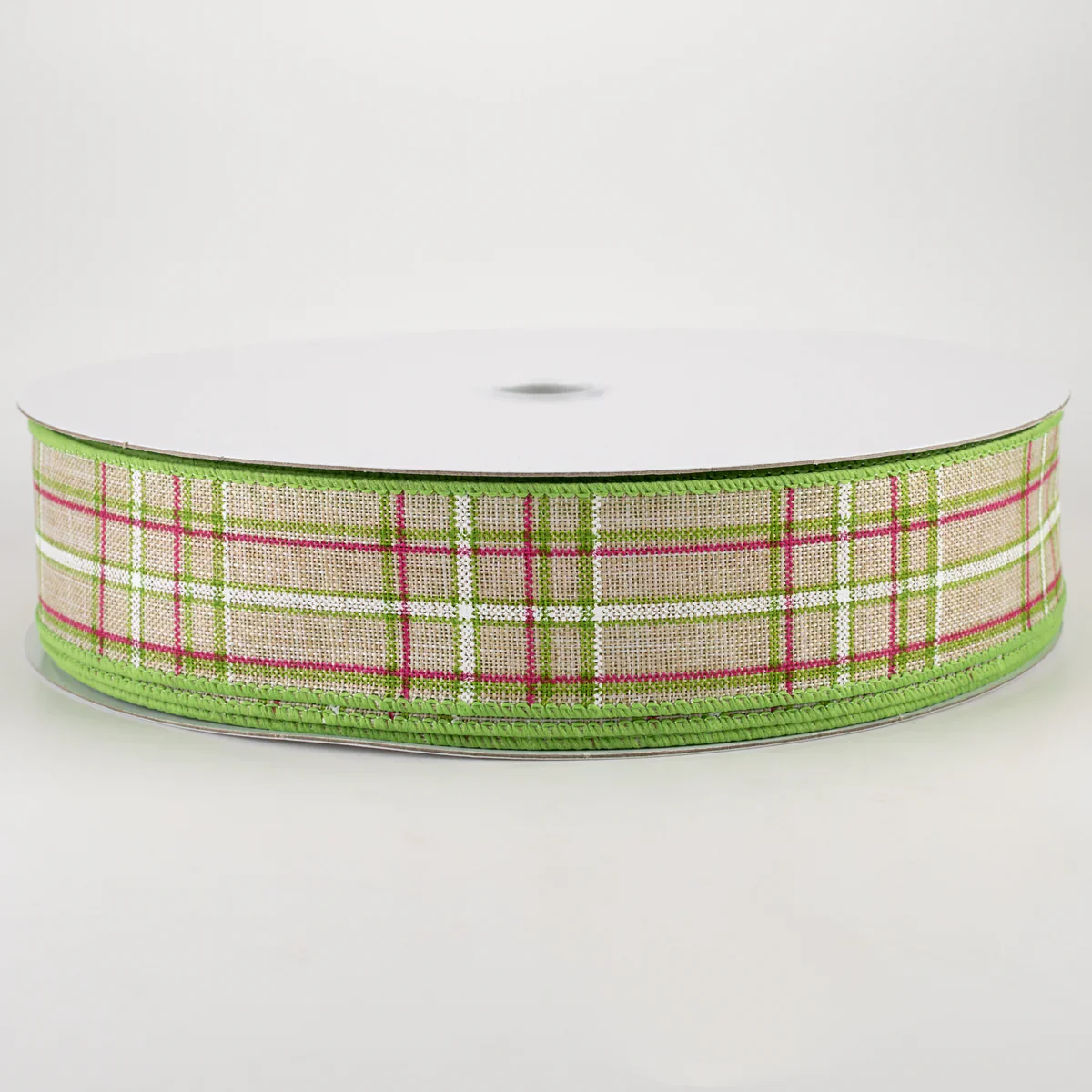 Cornelia Plaid Ribbon Natural, Fuchsia, Green & White Wired Ribbon - 1.5" x 10yds