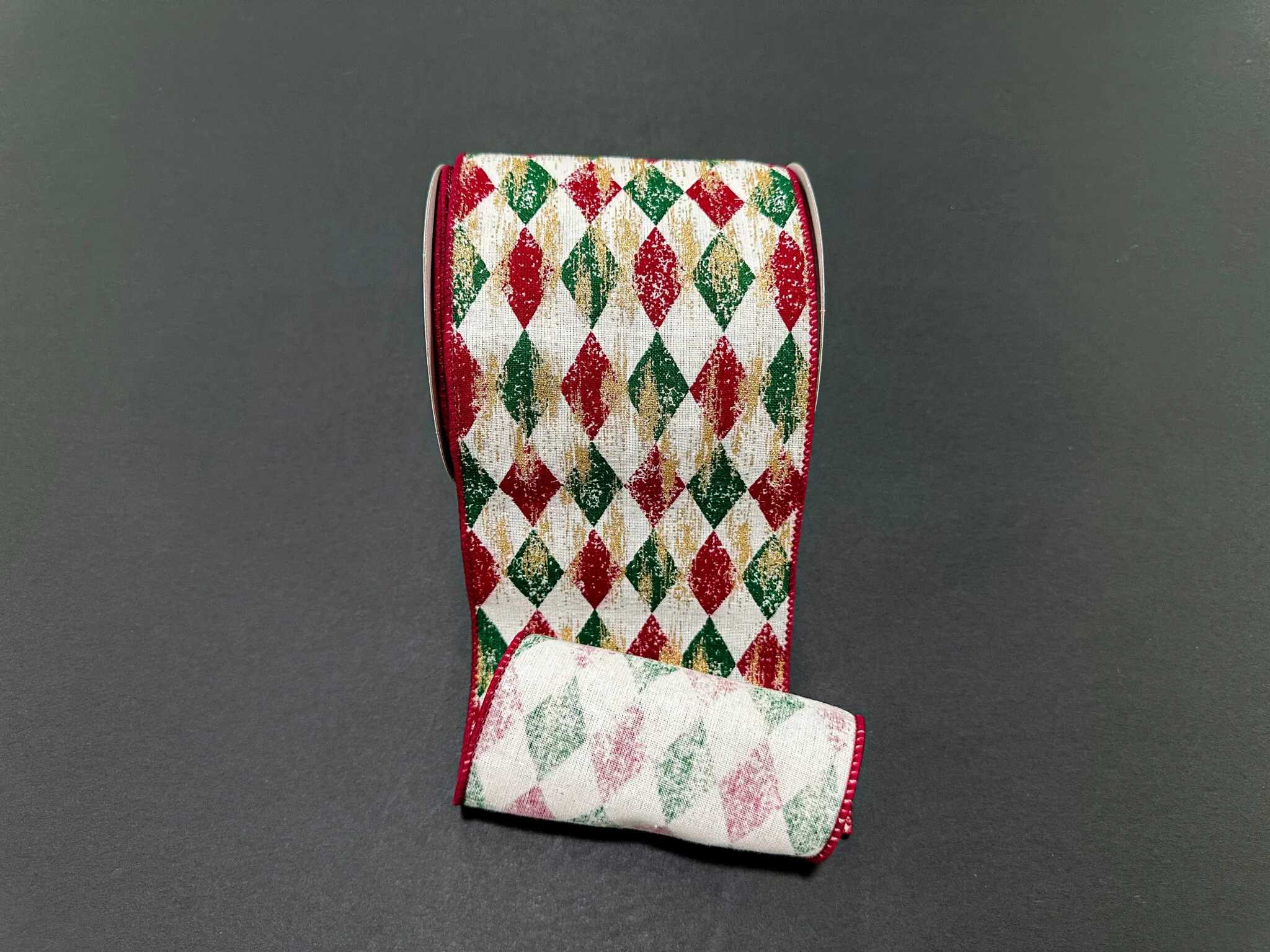 Cream, Red & Emerald Harlequin w/ Gold Overlay Wired Ribbon - 4" x 10yds