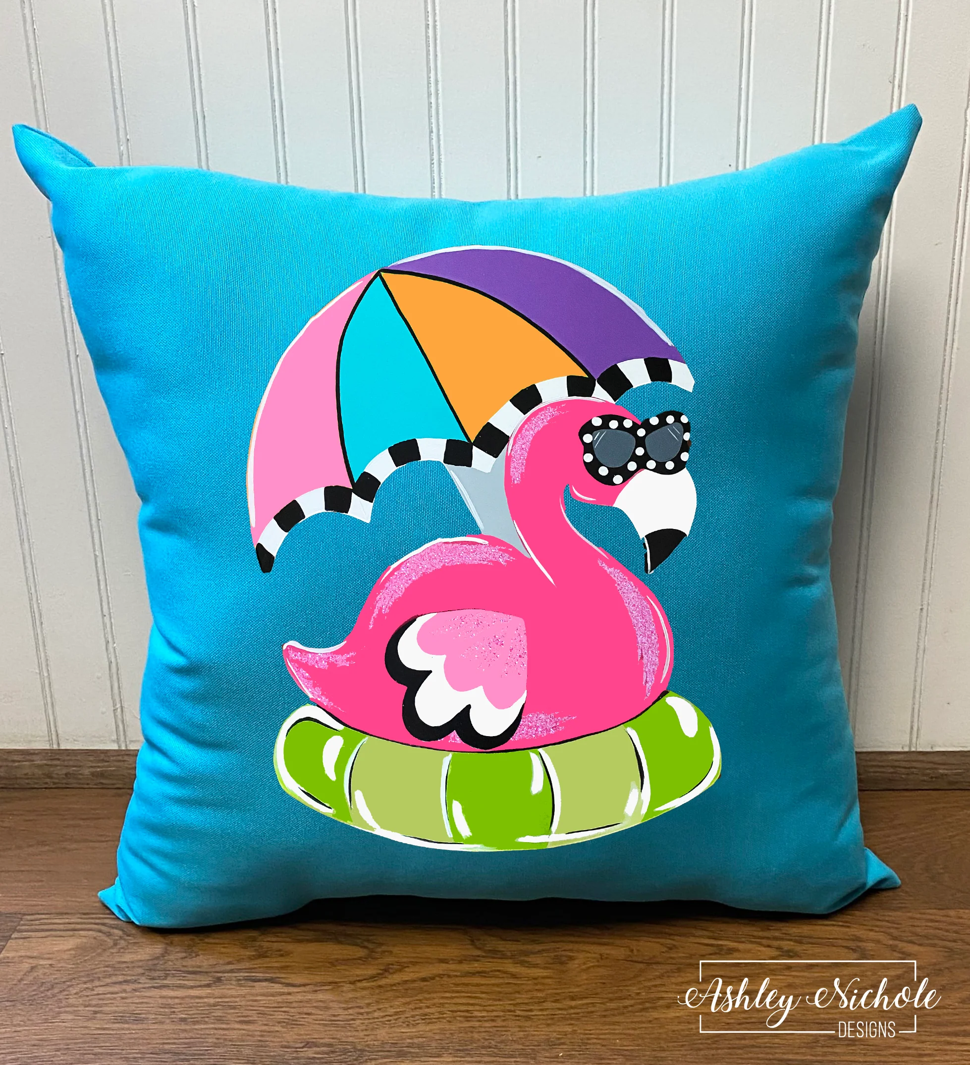 Custom Pillow - Beach Bound Flamingo on Turquoise Outdoor Fabric