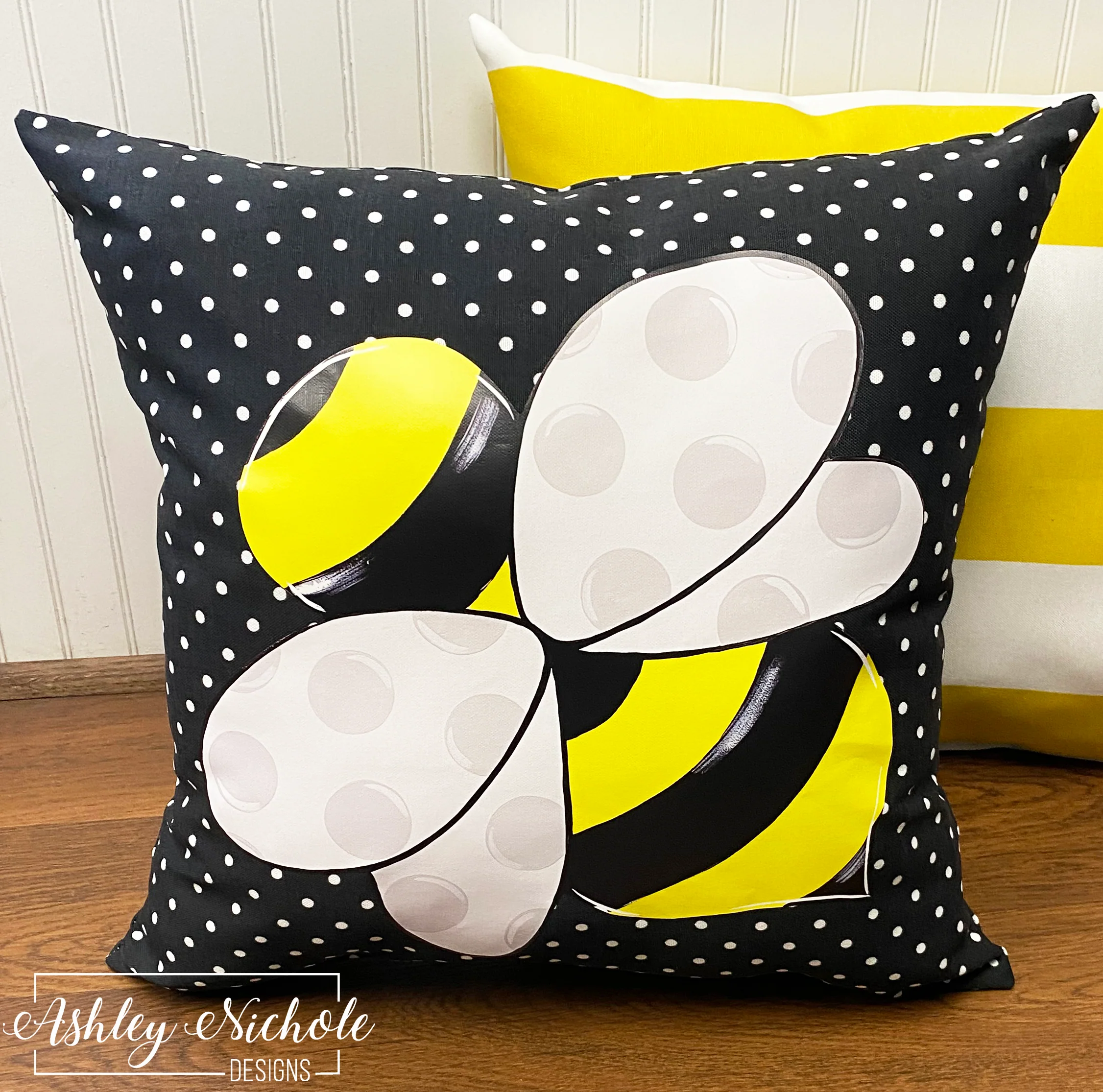 Custom Pillow - Bumble Bee on Black & White Mini Dot Outdoor Fabric