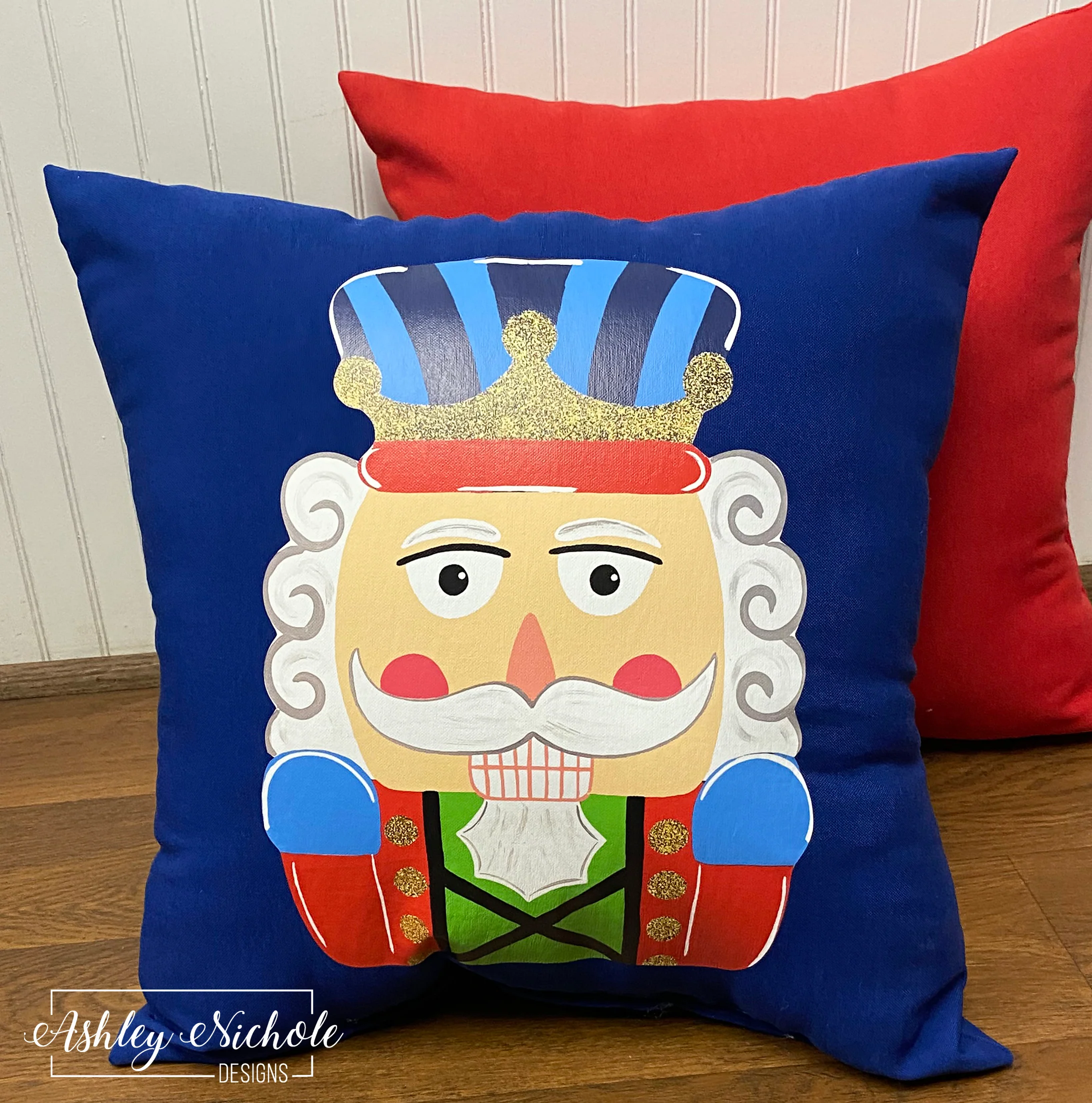 Custom Pillow - Colorful & Fun Nutcracker on Royal Blue Outdoor Fabric
