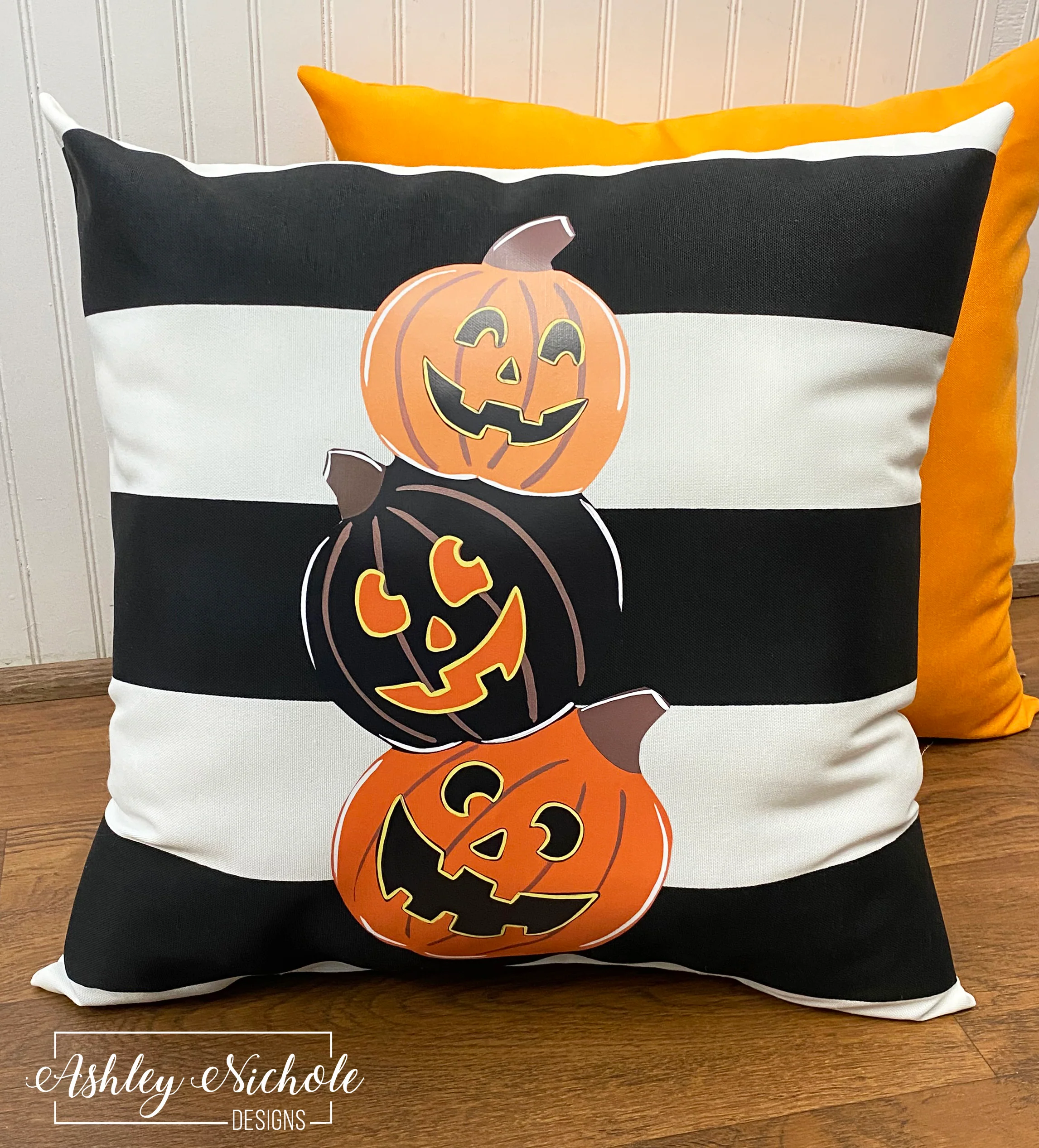 Custom Pillow - Happy Jack Stack Halloween on Black & White Stripe Outdoor Fabric