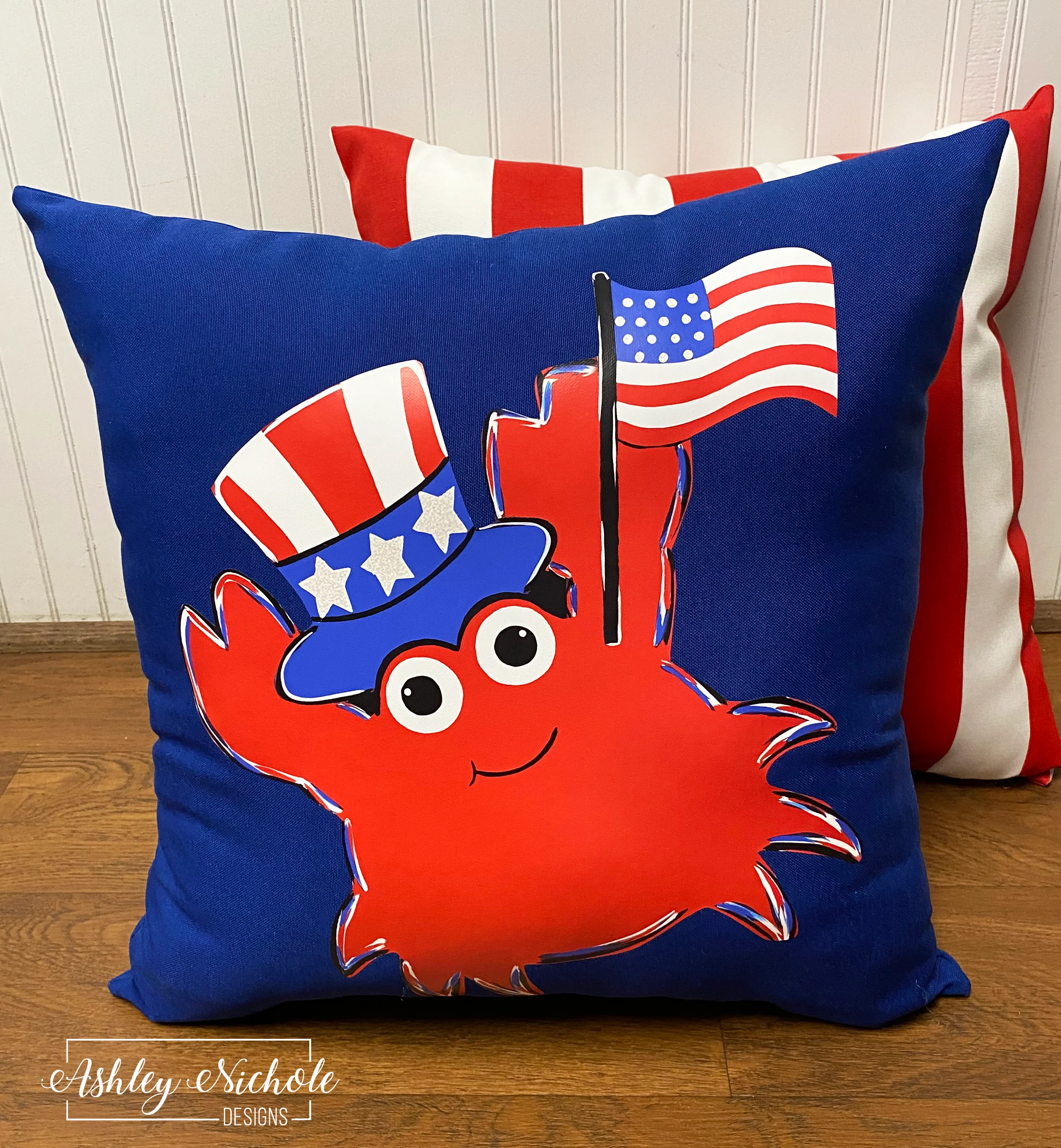 Custom Pillow - Patriotic Crab on Royal Blue Outdoor Fabric