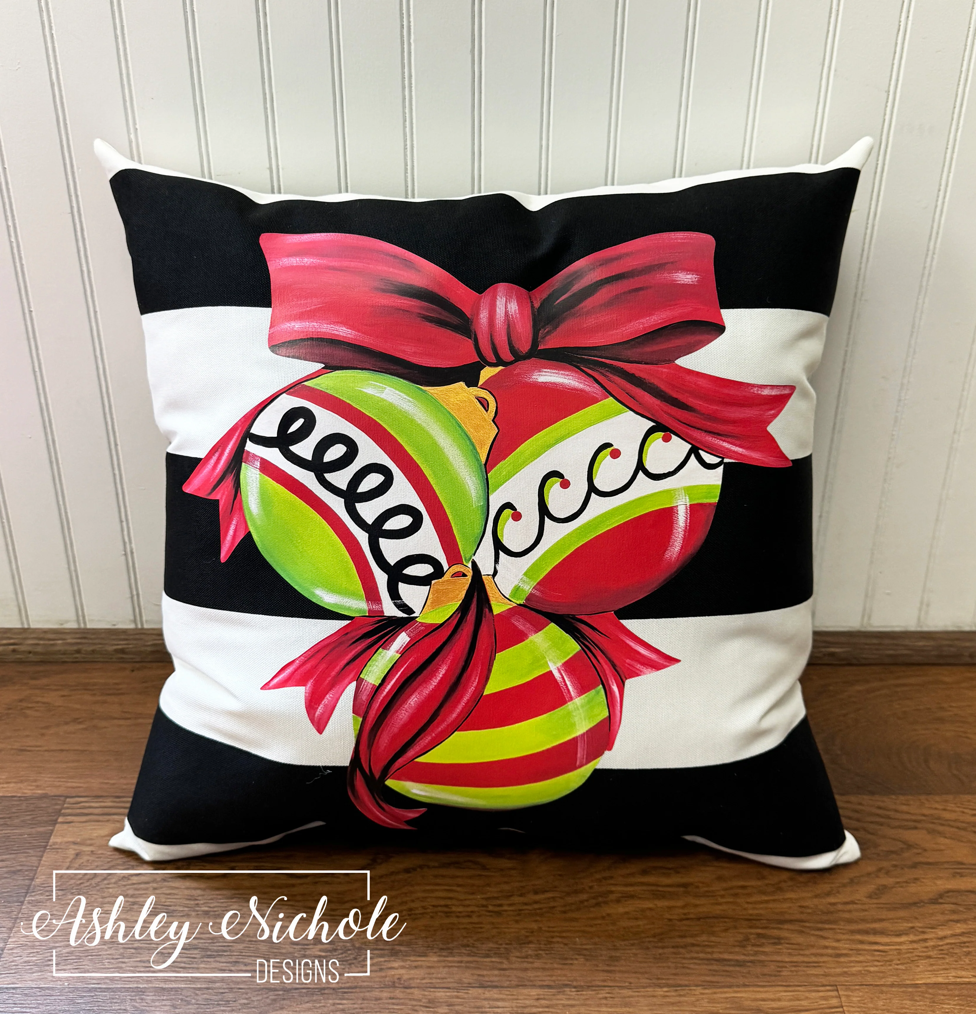 Custom Pillow - Cluster of Christmas Ornaments on Black & White Stripe Outdoor Fabric