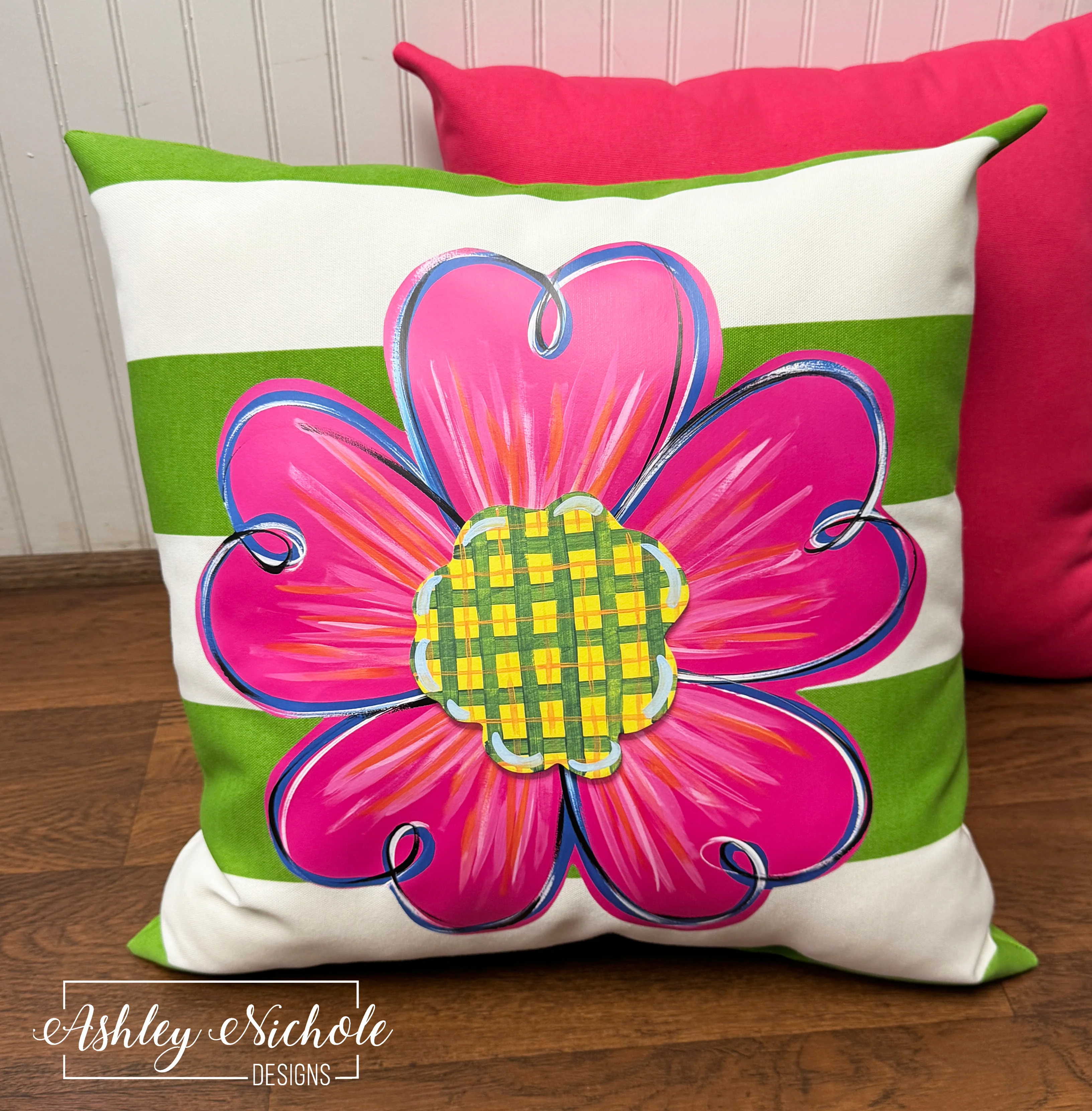 Custom Pillow - Hot Pink Summer Flower on Green Stripe Outdoor Fabric