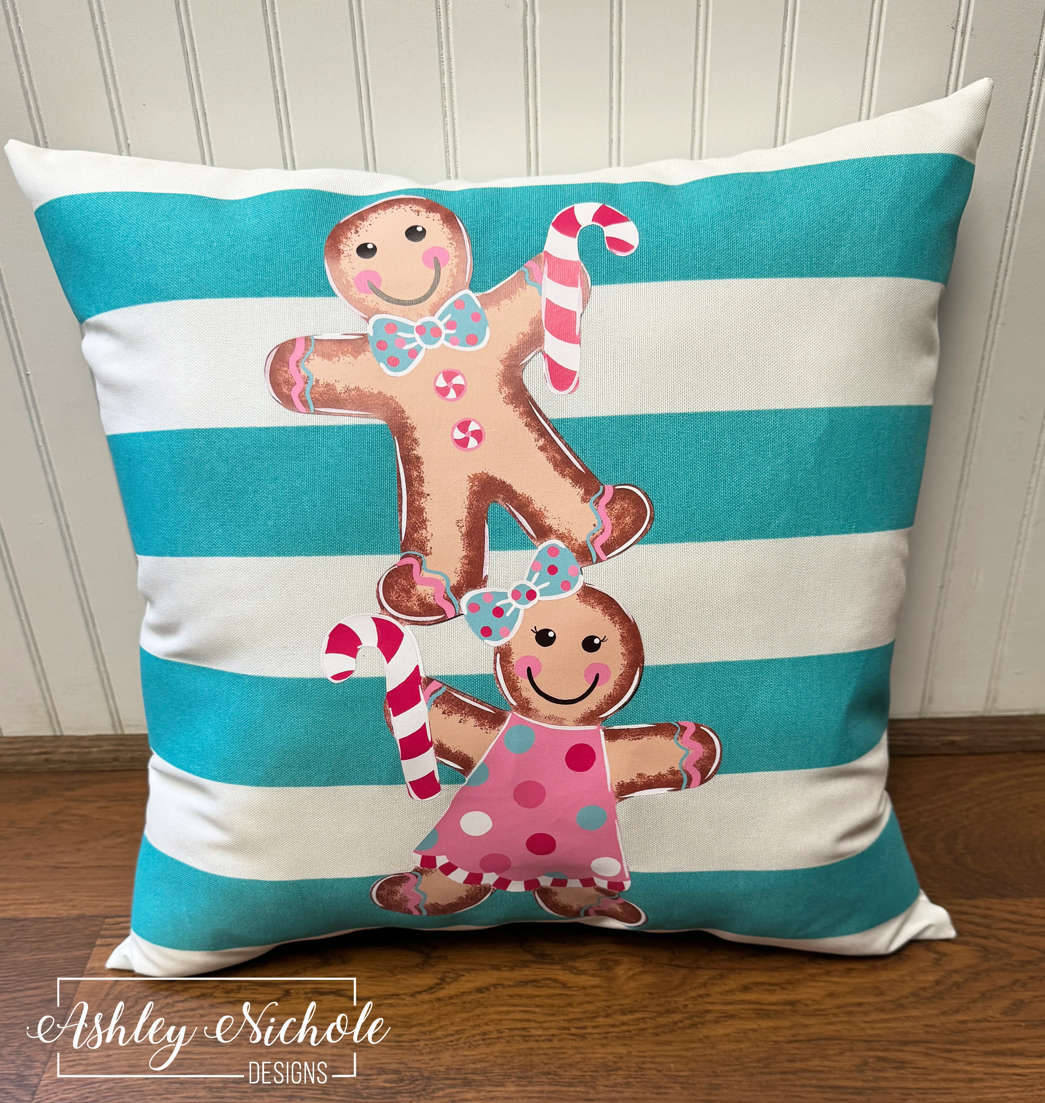 Custom Pillow - Pastel Gingerbread Cookie Stack on Ocean Stripe Outdoor Fabric