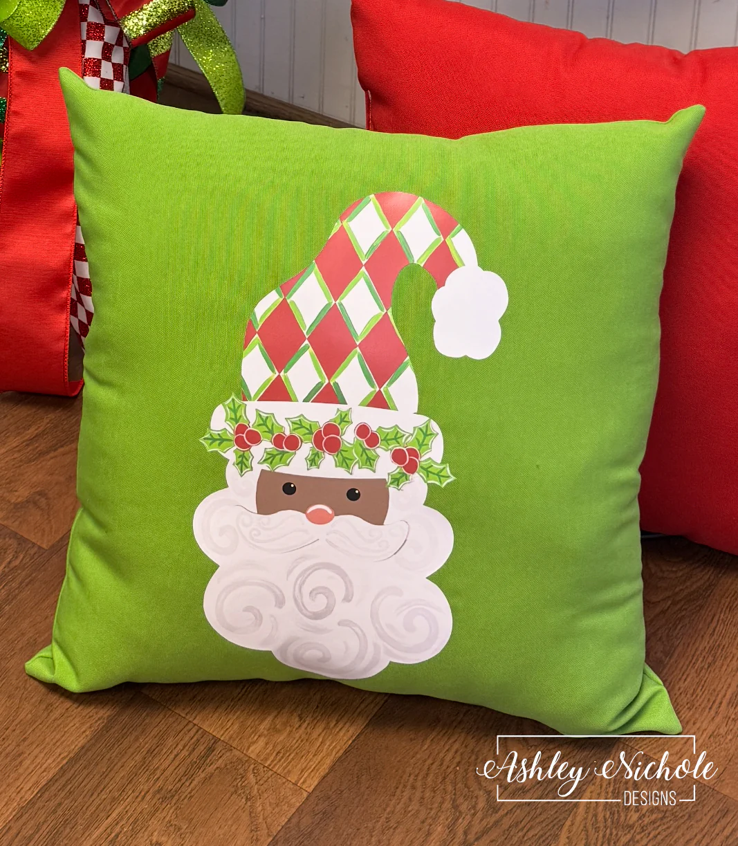 Custom Pillow - Santa - Holly Jolly (RED) on Apple Green Outdoor Fabric - Image 2