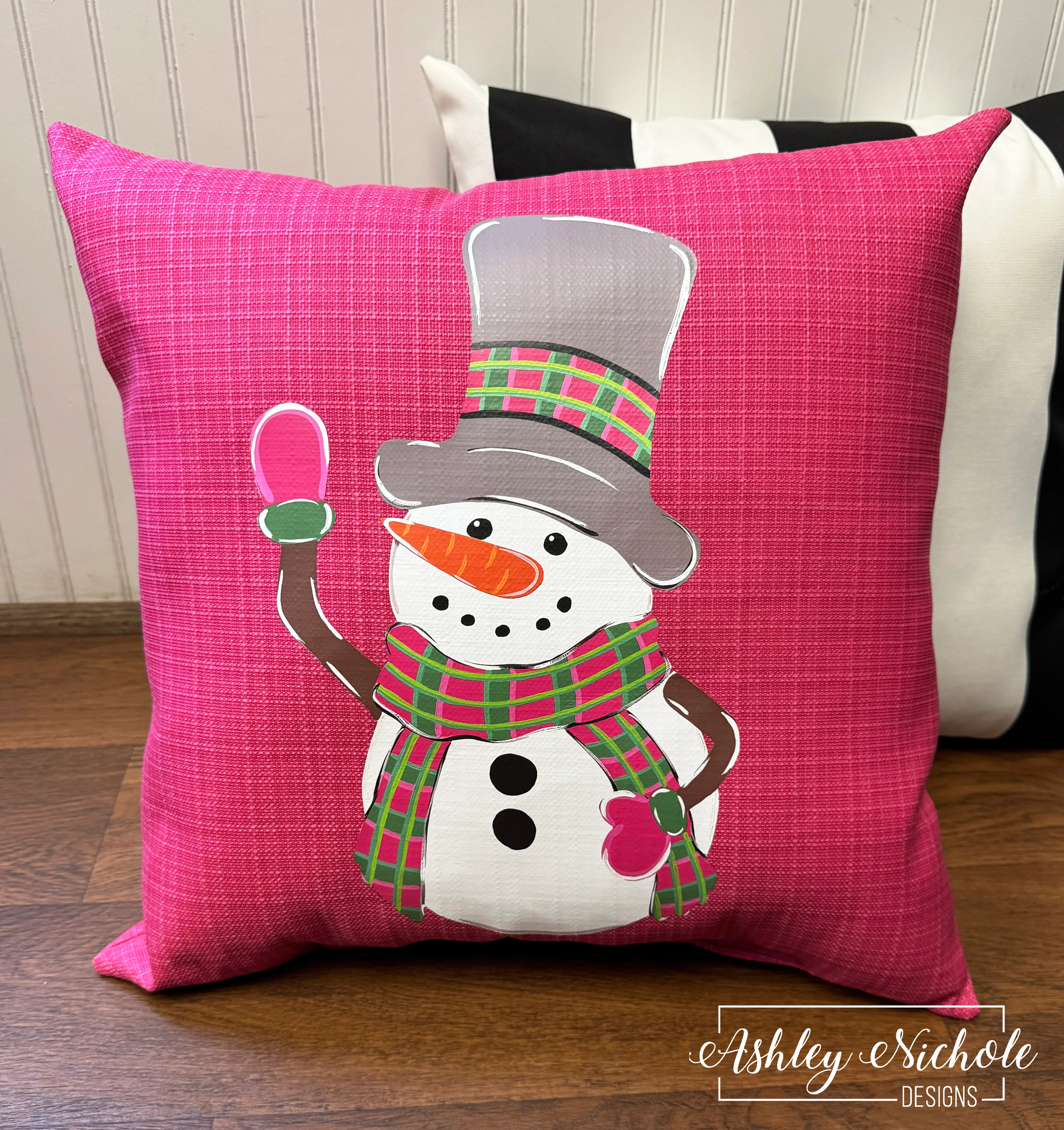 Custom Pillow - Snowflakes & Plaid Snowman on Jazz Pink Outdoor Fabric
