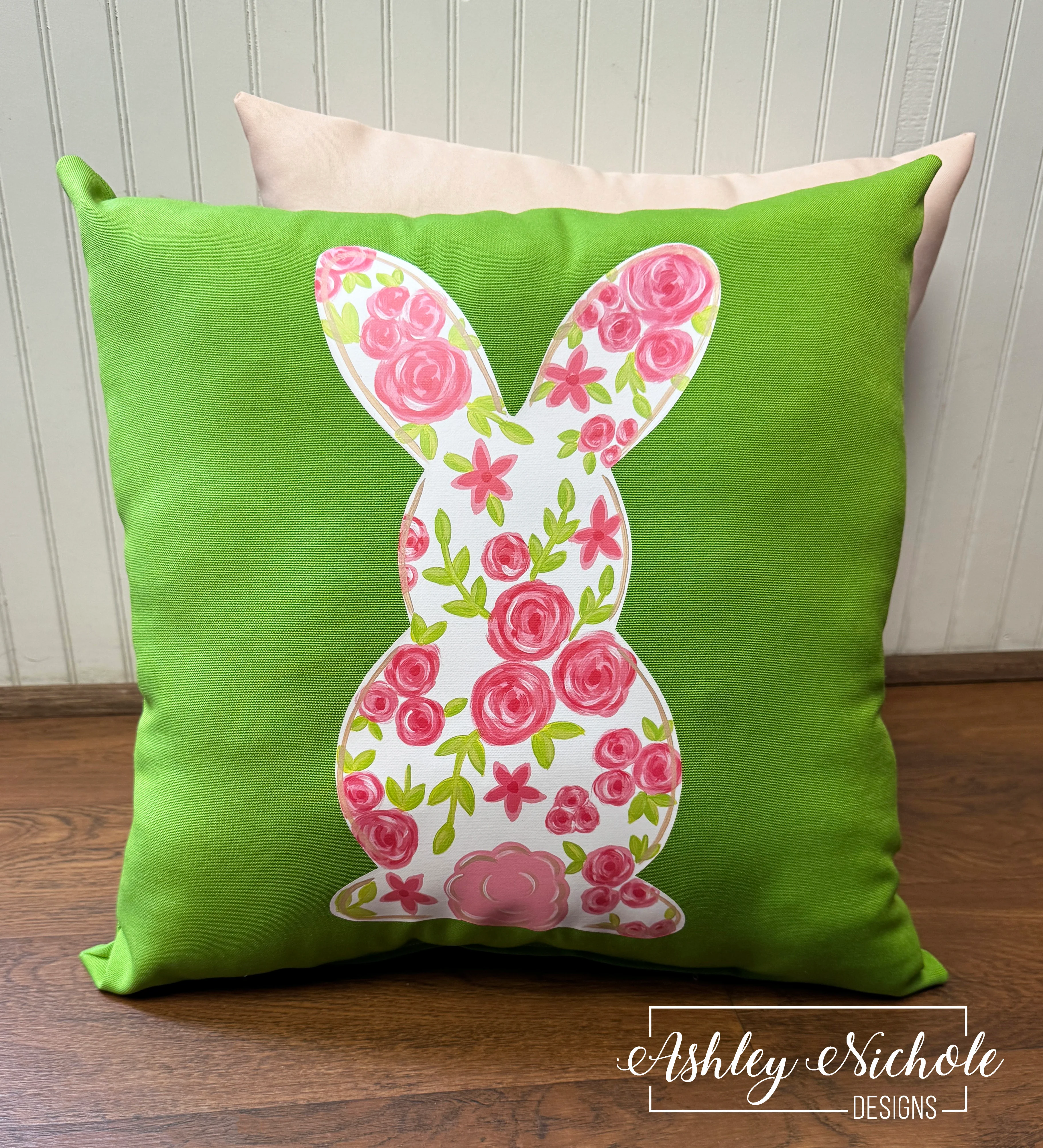 Custom Pillow - Wildflower Garden Bunny on Apple Green Outdoor Fabric