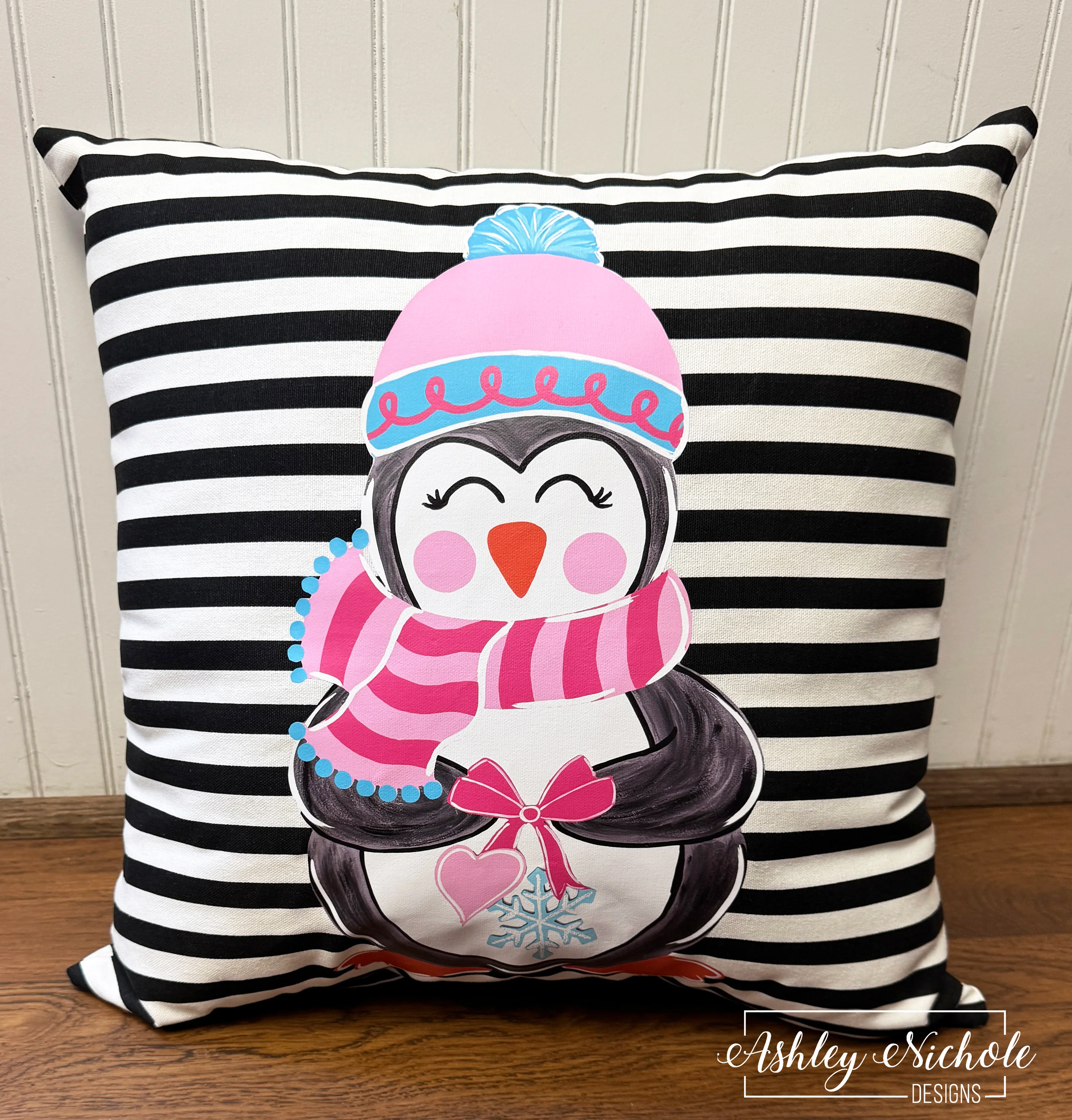Custom Pillow - Winter Sweetheart Penguin (GIRL VERSION) on Black & White Thin Stripe Outdoor Fabric