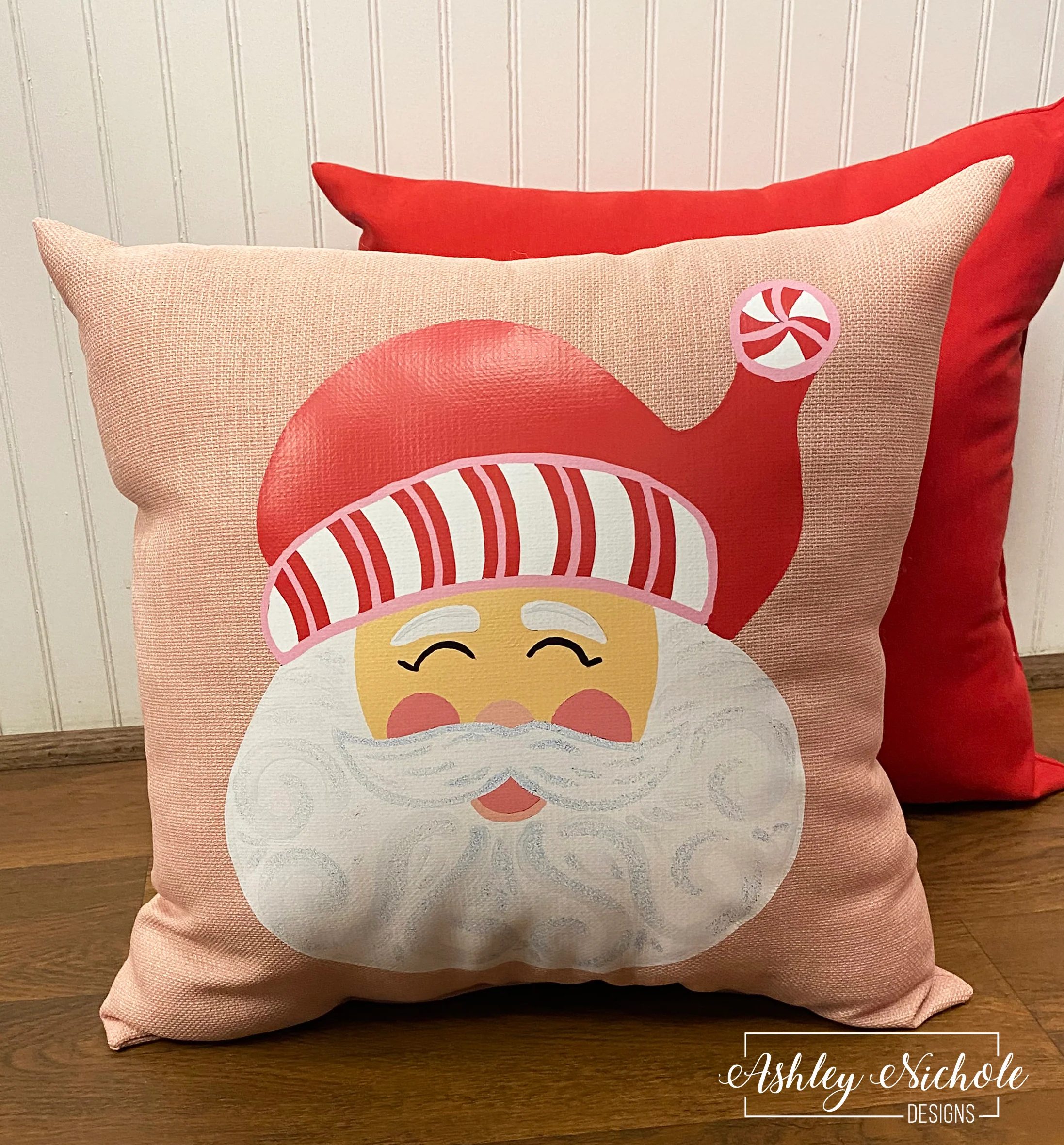 Custom Pillow - Santa - Pink & Red Candy Christmas on Blush Pink Outdoor Fabric