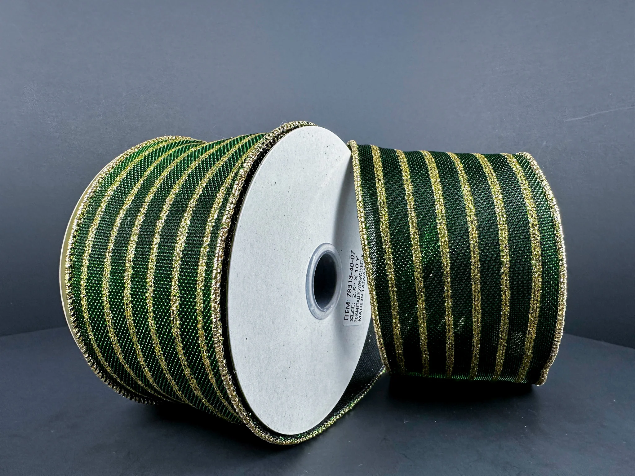 Dark Green Metallic Glitter Stripe Wired Ribbon - 2.5" x 10yds