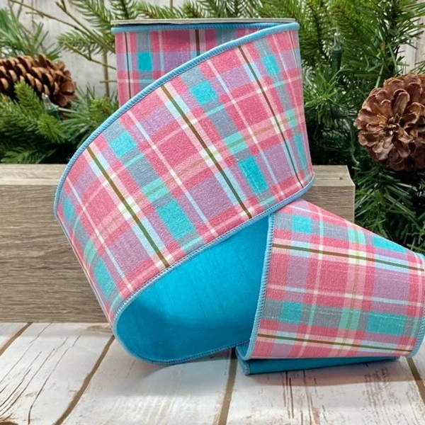 Pink & Light Blue Spring Plaid w/ Light Blue Backing Wired Ribbon - 4" x 10yds
