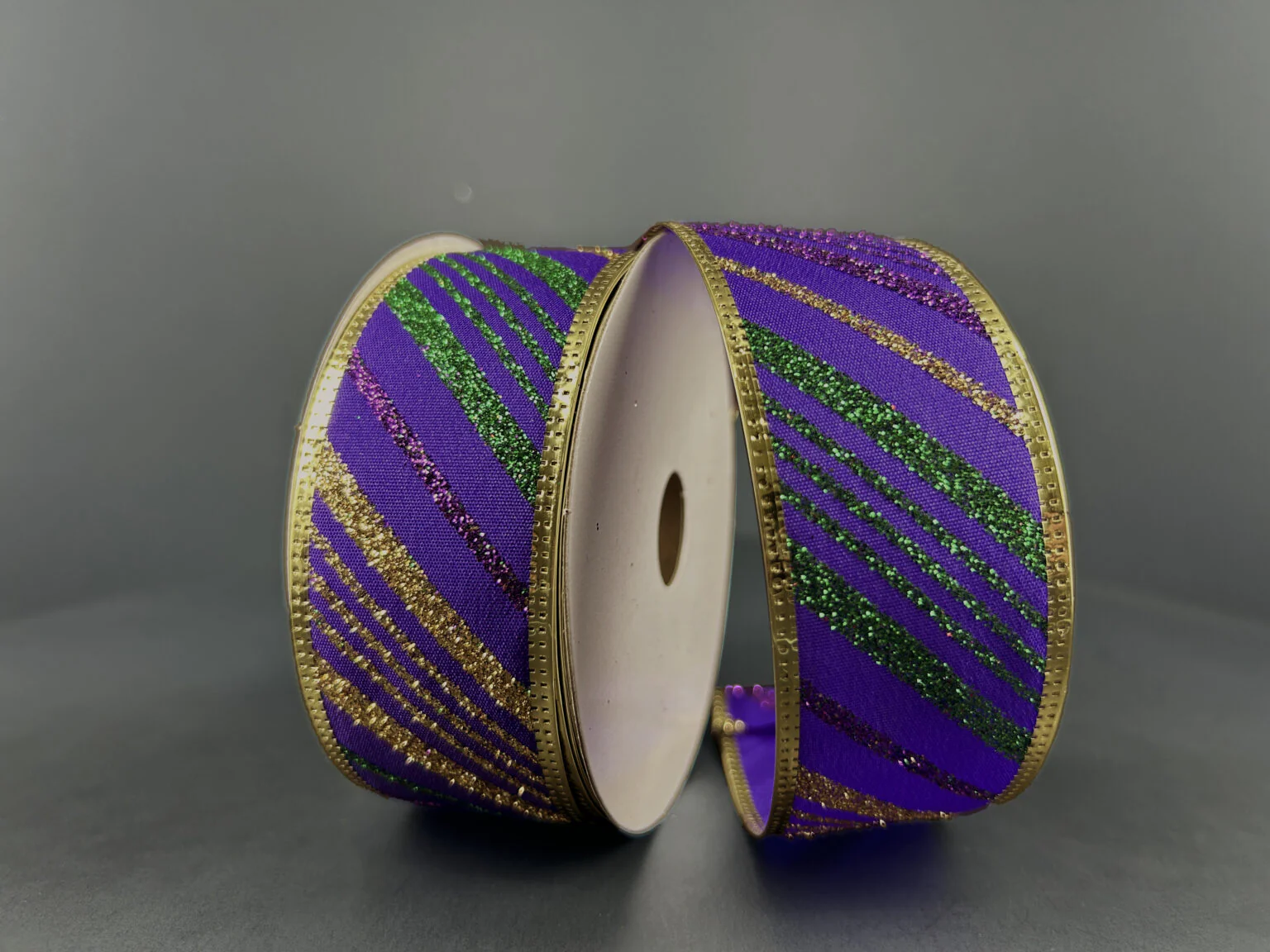 Emerald,Gold & Emerald Glitter Stripe Purple Satin Wired Ribbon - 1.5" x 10yds