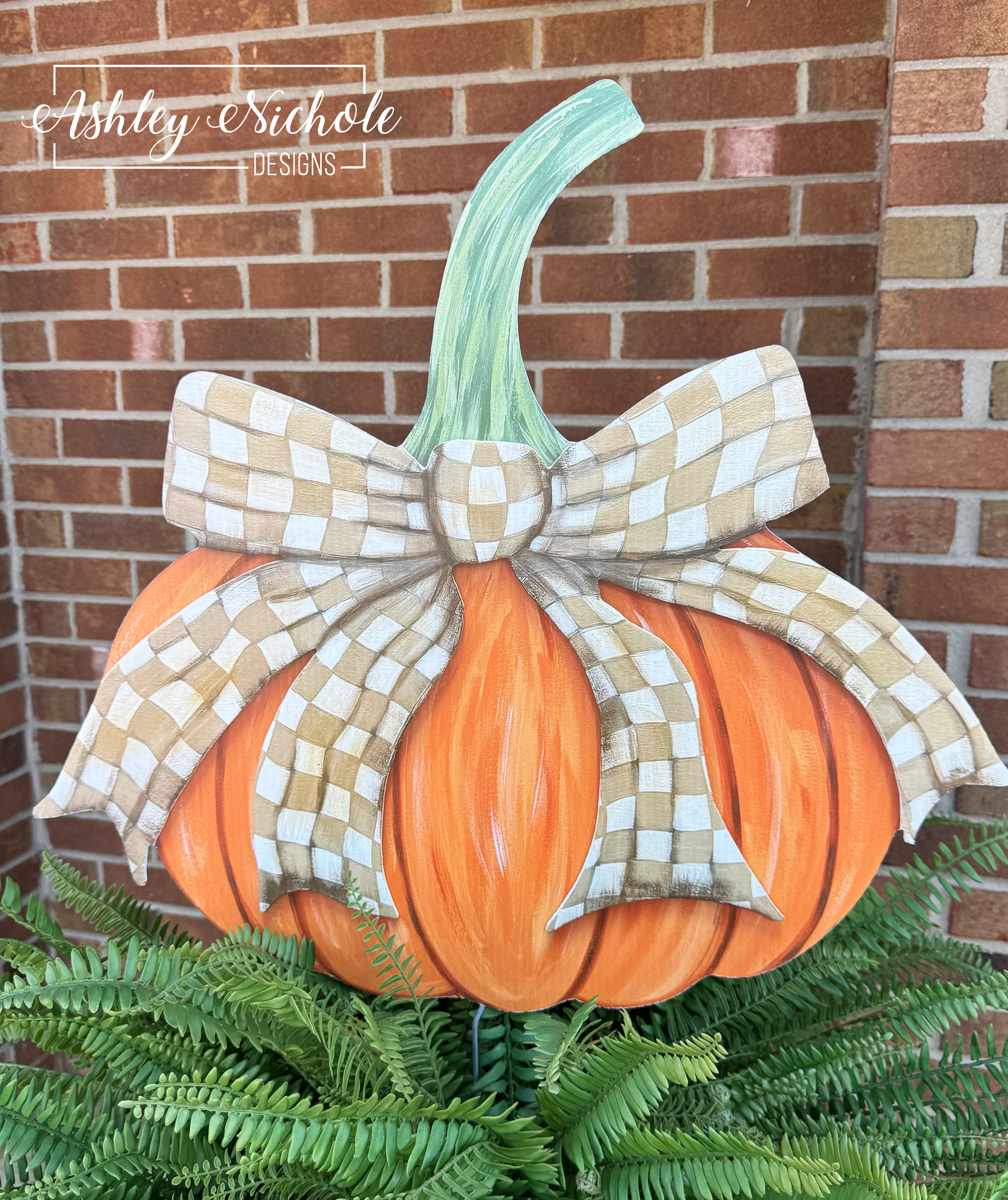Fancy Bow - TAN & WHITE CHECKERED - Pumpkin -  Corrugated Coroplast Yard Stake