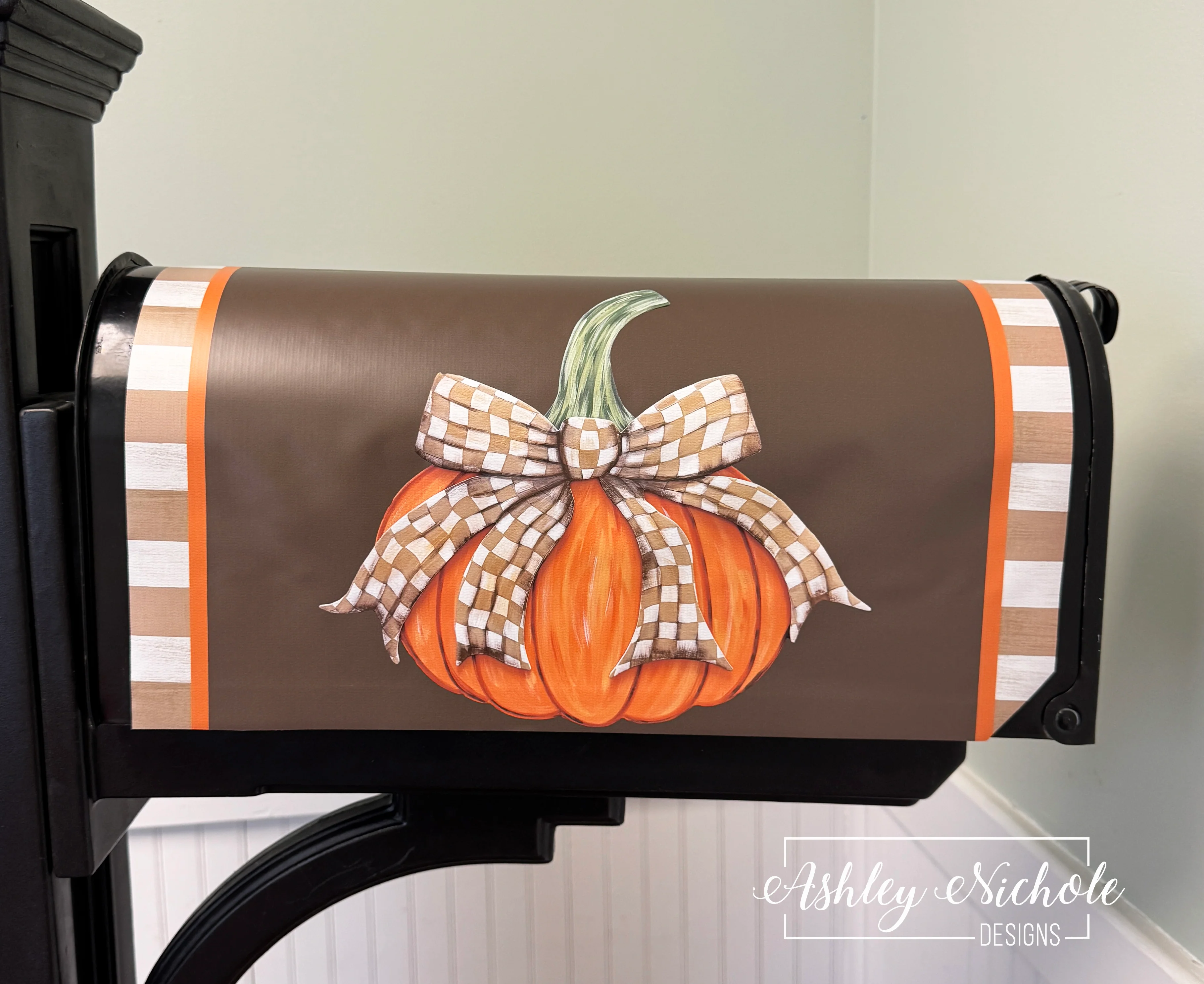 Fancy Bow - TAN & WHITE CHECKERED - Pumpkin - Magnetic Vinyl Mailbox Cover