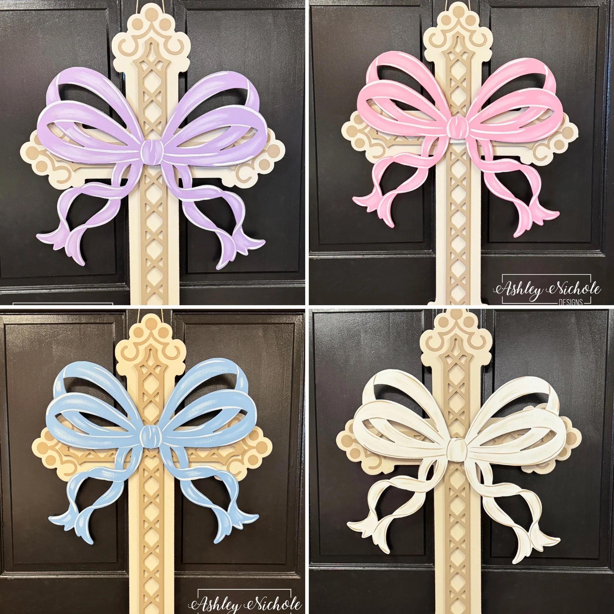 Fancy Cross with Wooden Bow Door Hanger - Choose from 4 colors (Hand-Painted)