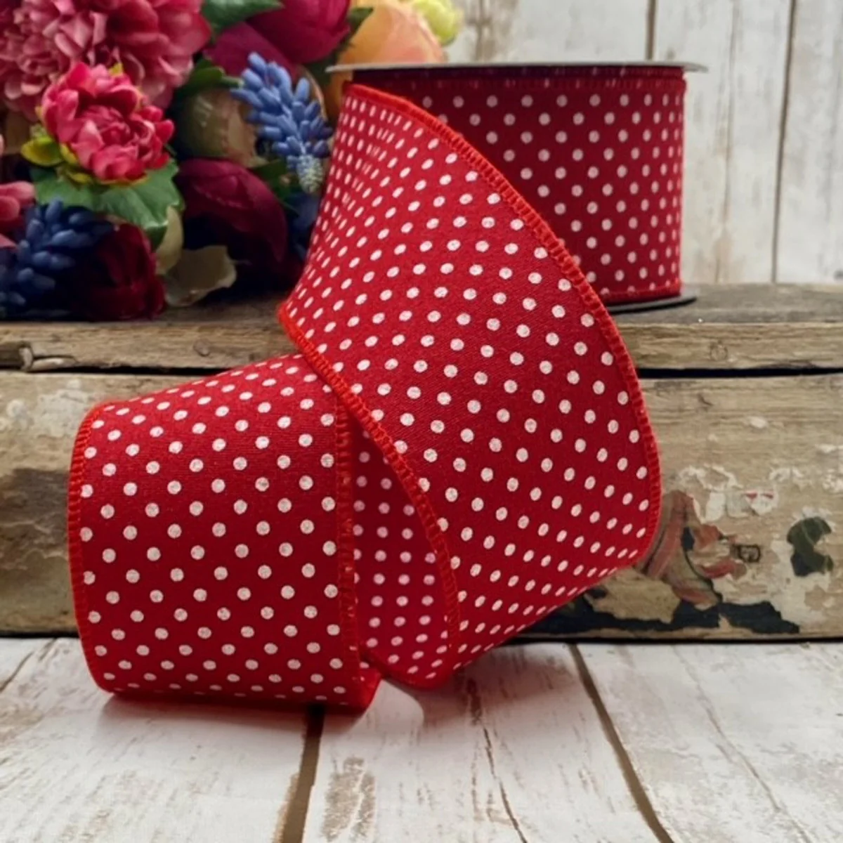 Faux Linen Double Sided Red w/ White Polka Dots Wired Ribbon - 2.5" x 10yds