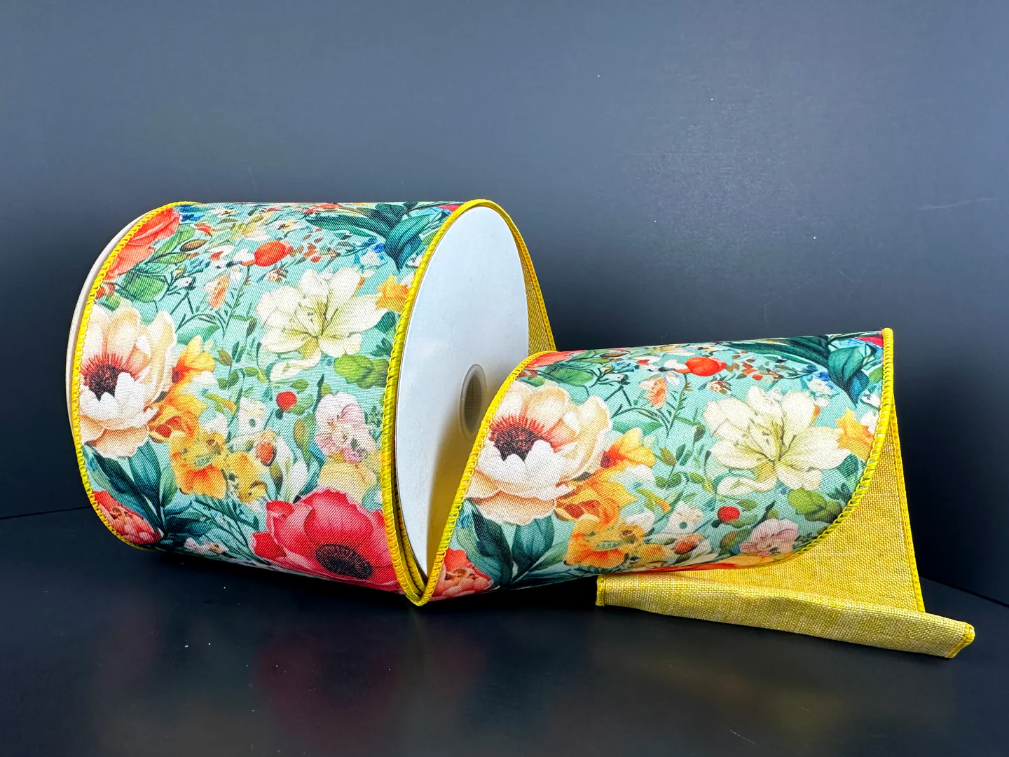 Florals w/ Yellow Backing Wired Ribbon - 4" x 10yds