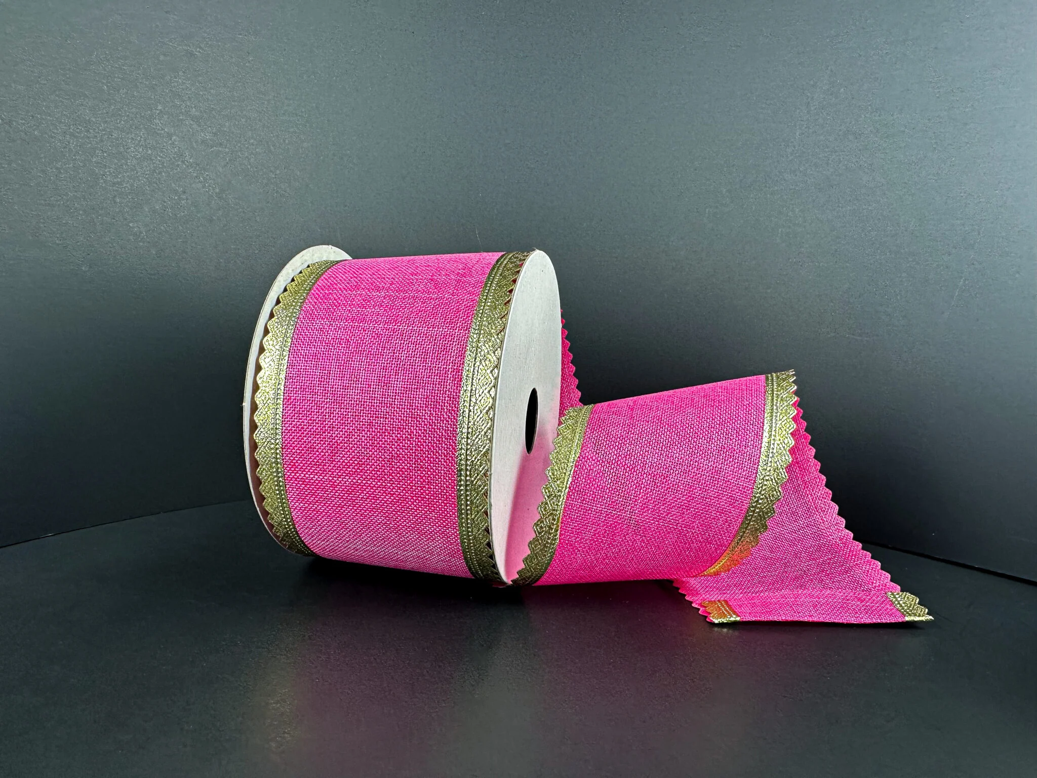 Fuchsia Linen w/ Gold Scalloped Edge Wired Ribbon - 2.5" x 10yds