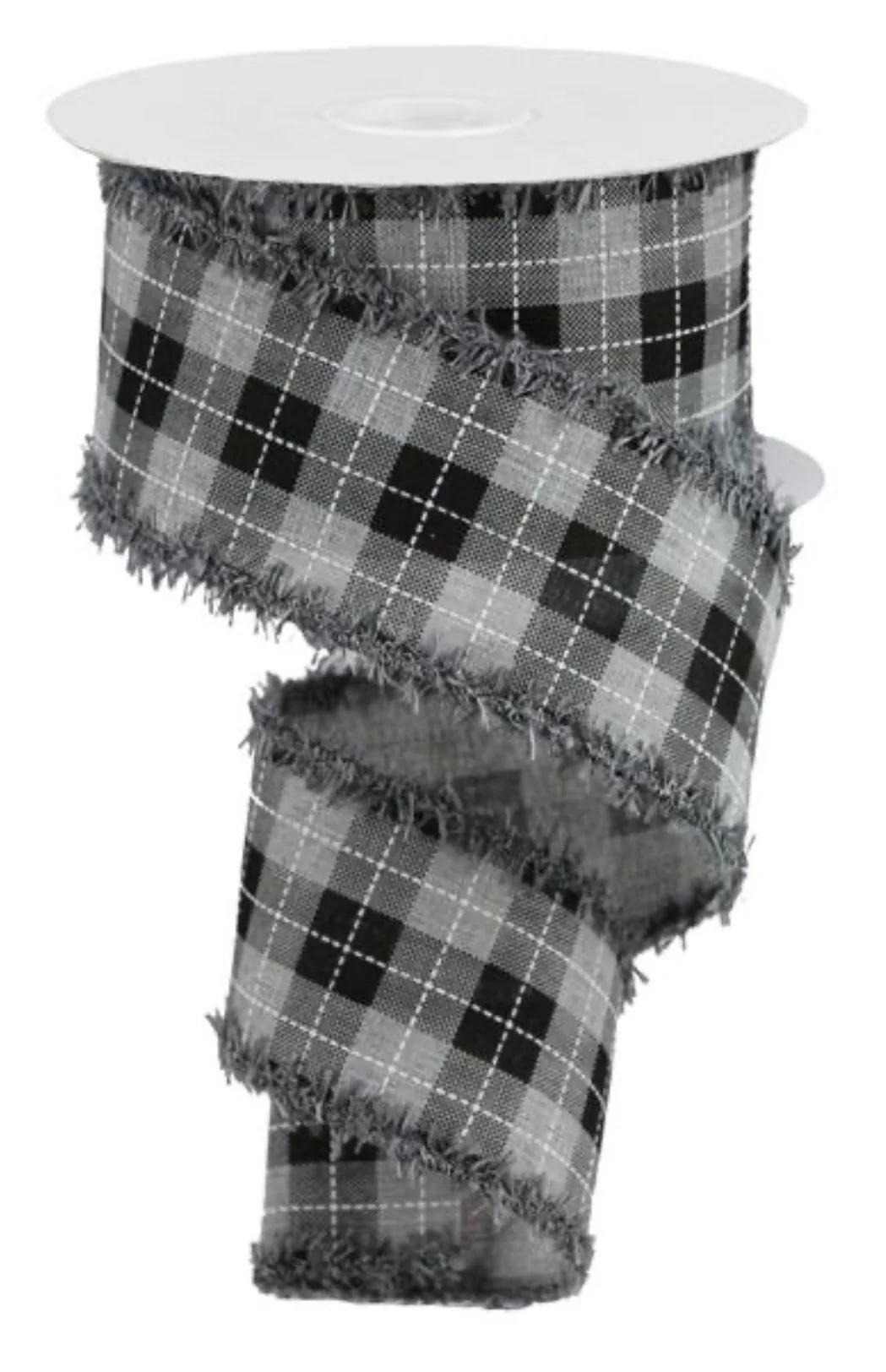 Gray & Black Plaid w/ Fraied Edge Wired Ribbon - 2.5" x 10yds