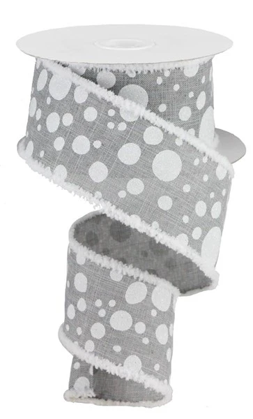 Gray Burlap w/ White Glitter Dots Wired Ribbon - 2.5" x 10yds