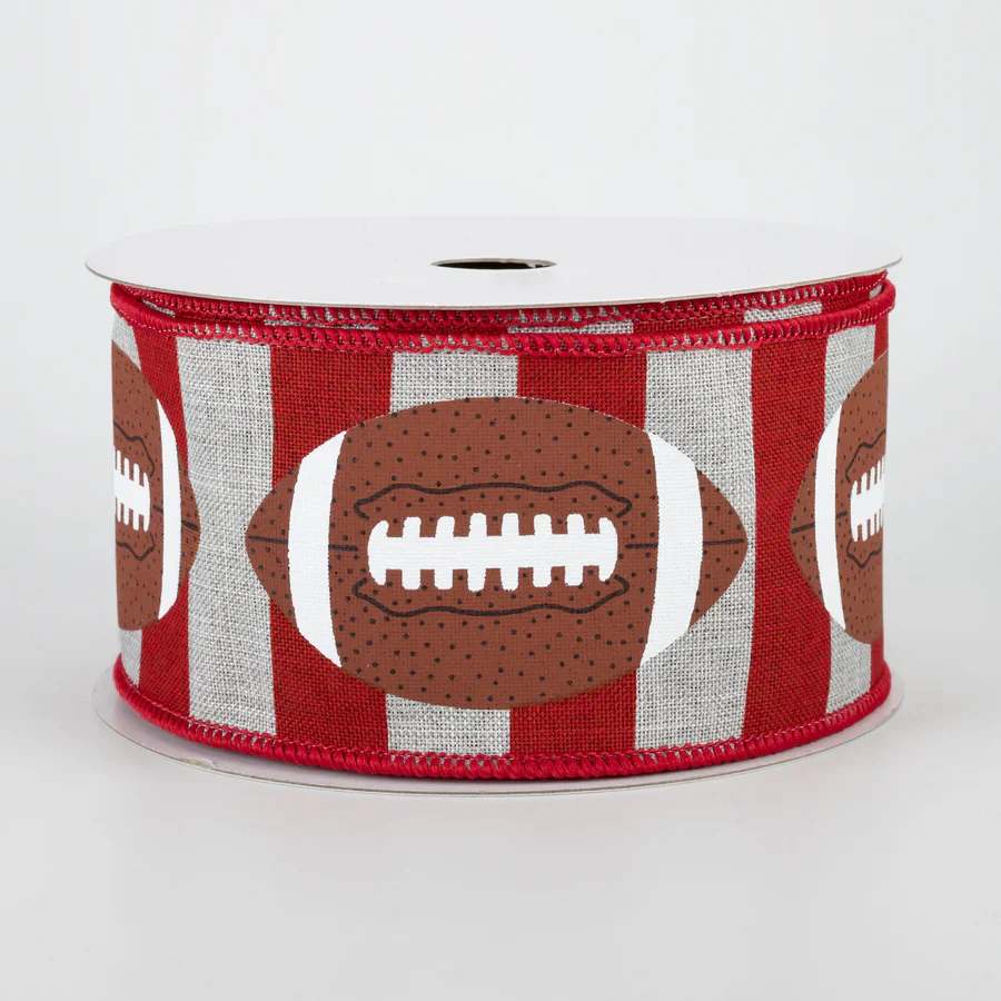 Gray & Scarlet Burlap Stipes w/ Football Wired Ribbon - 2.5" x 10yds