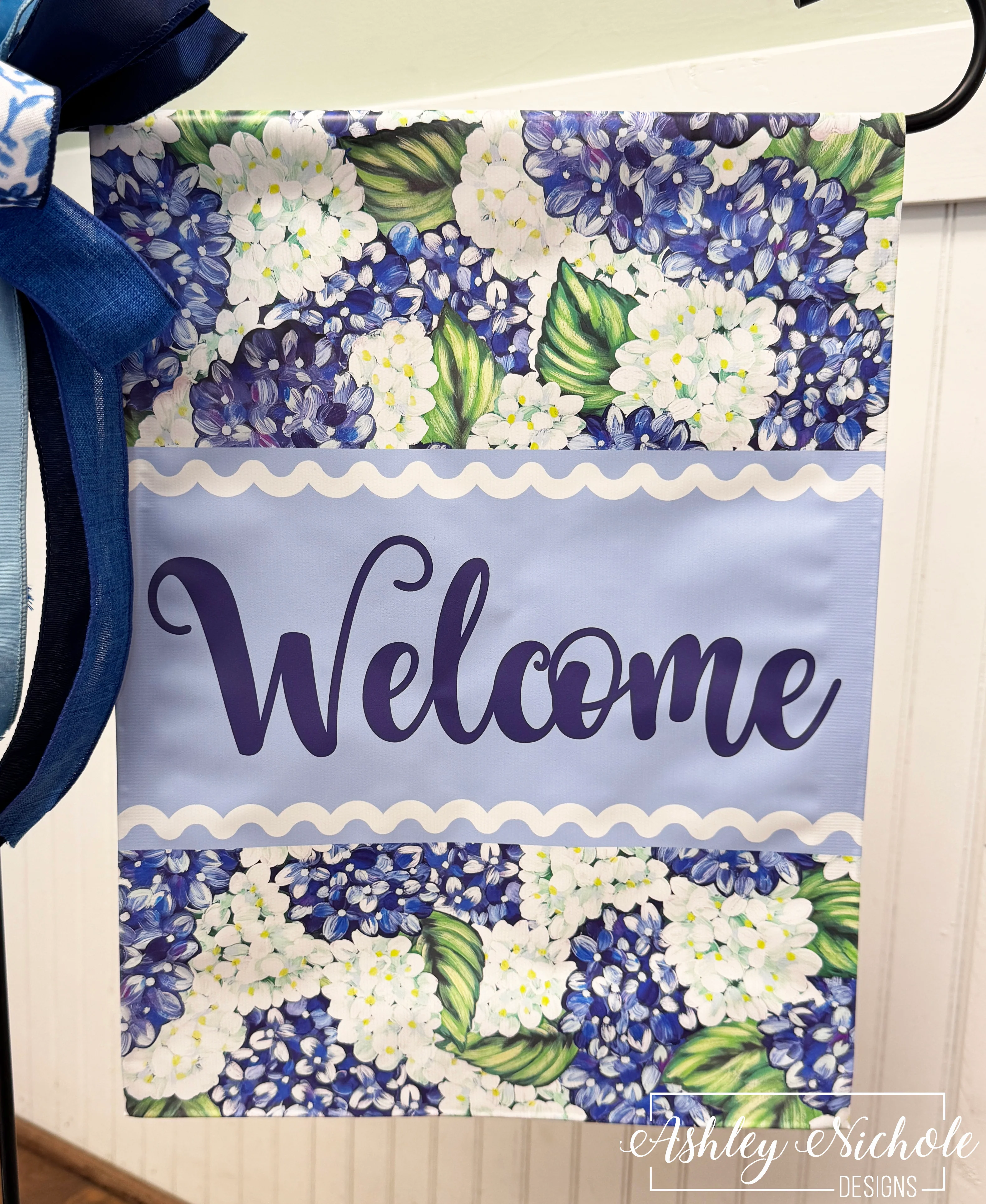 Hydrangea BLUE & WHITE Floral Welcome - Vinyl Garden Flag