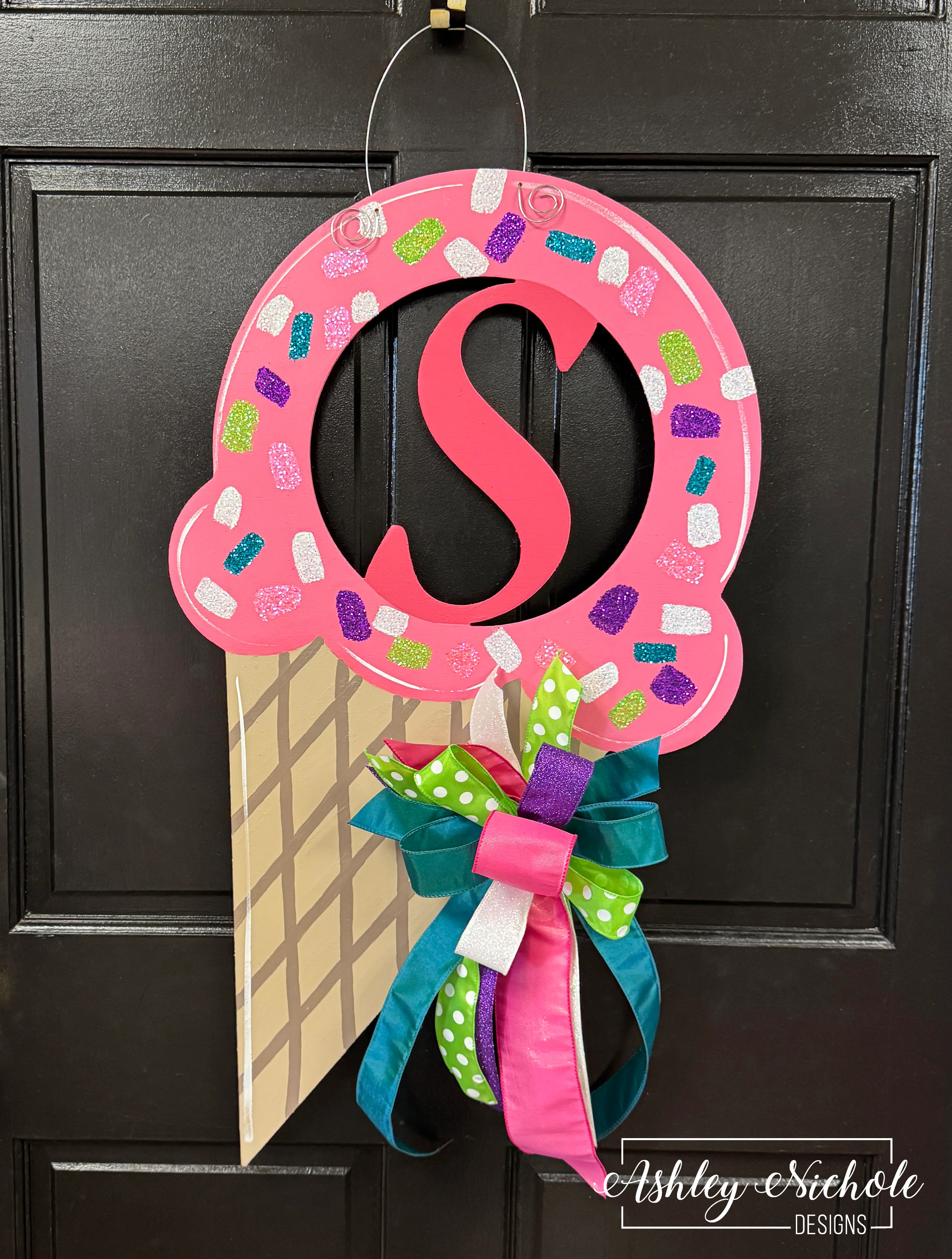 Ice Cream Cone INITIAL Door Hanger - Summer Fun (Hand-Painted)