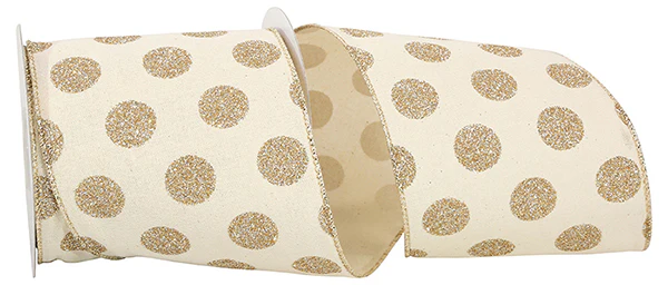 Large Champagne Glitter Dots On Cream Linen Wired Ribbon - 4" x 10yds