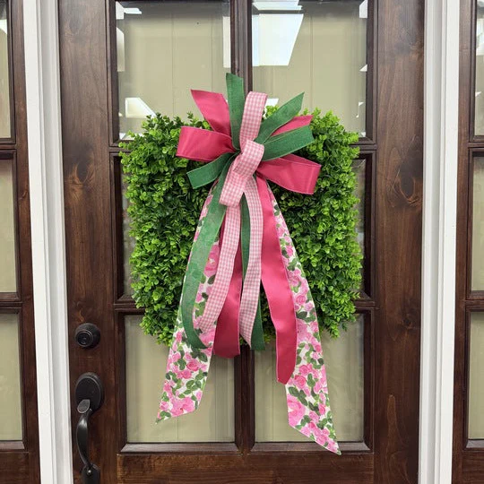 Lady Pink Rose Sash Bow Eucalyptus SQUARE Wreath - 22" - UV Protected