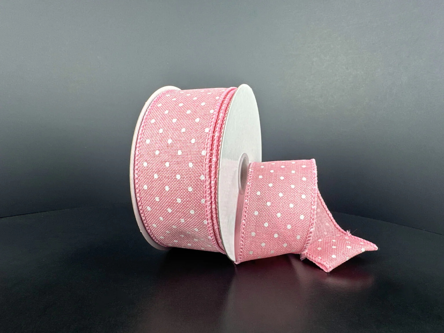 Light Pink Linen w/ White Swiss Dots Wired Ribbon - 1.5" x 10yds