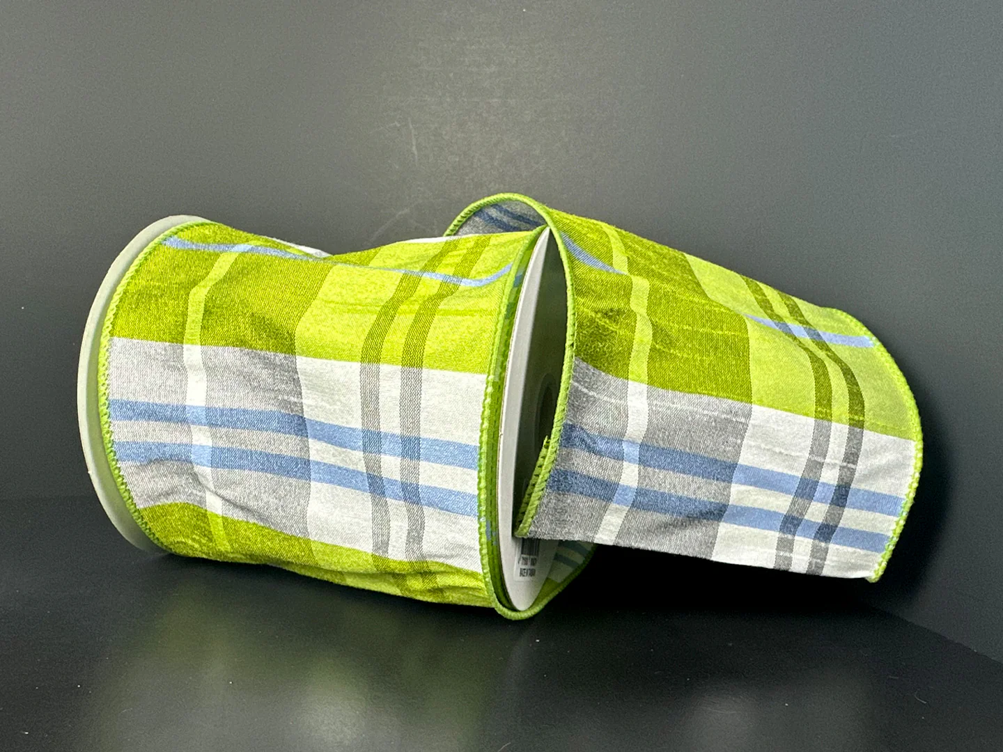 Lime, Grey & Blue Plaid Wired Ribbon - 4" x 10yds