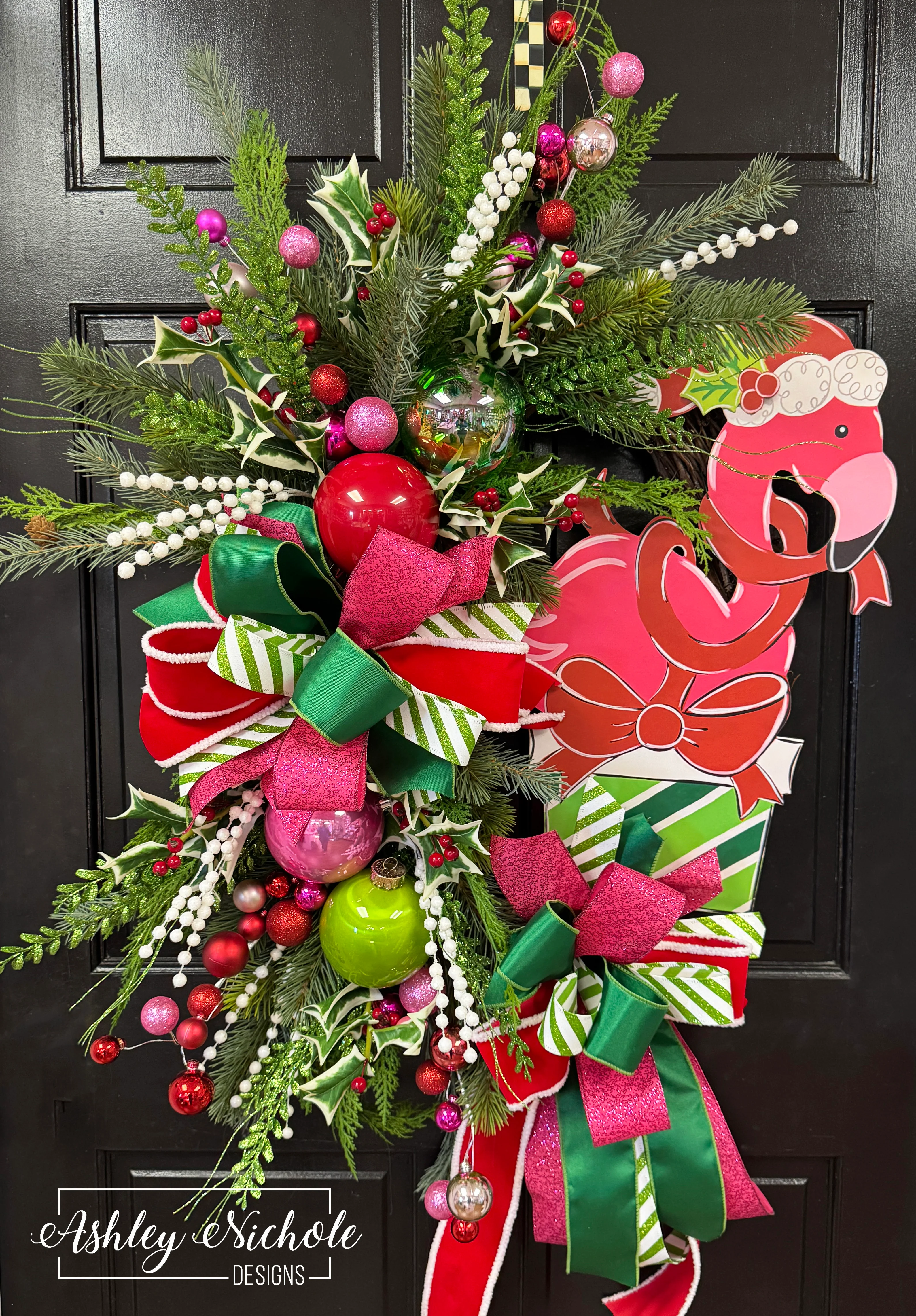 Merry & Bright Christmas Flamingo Wreath