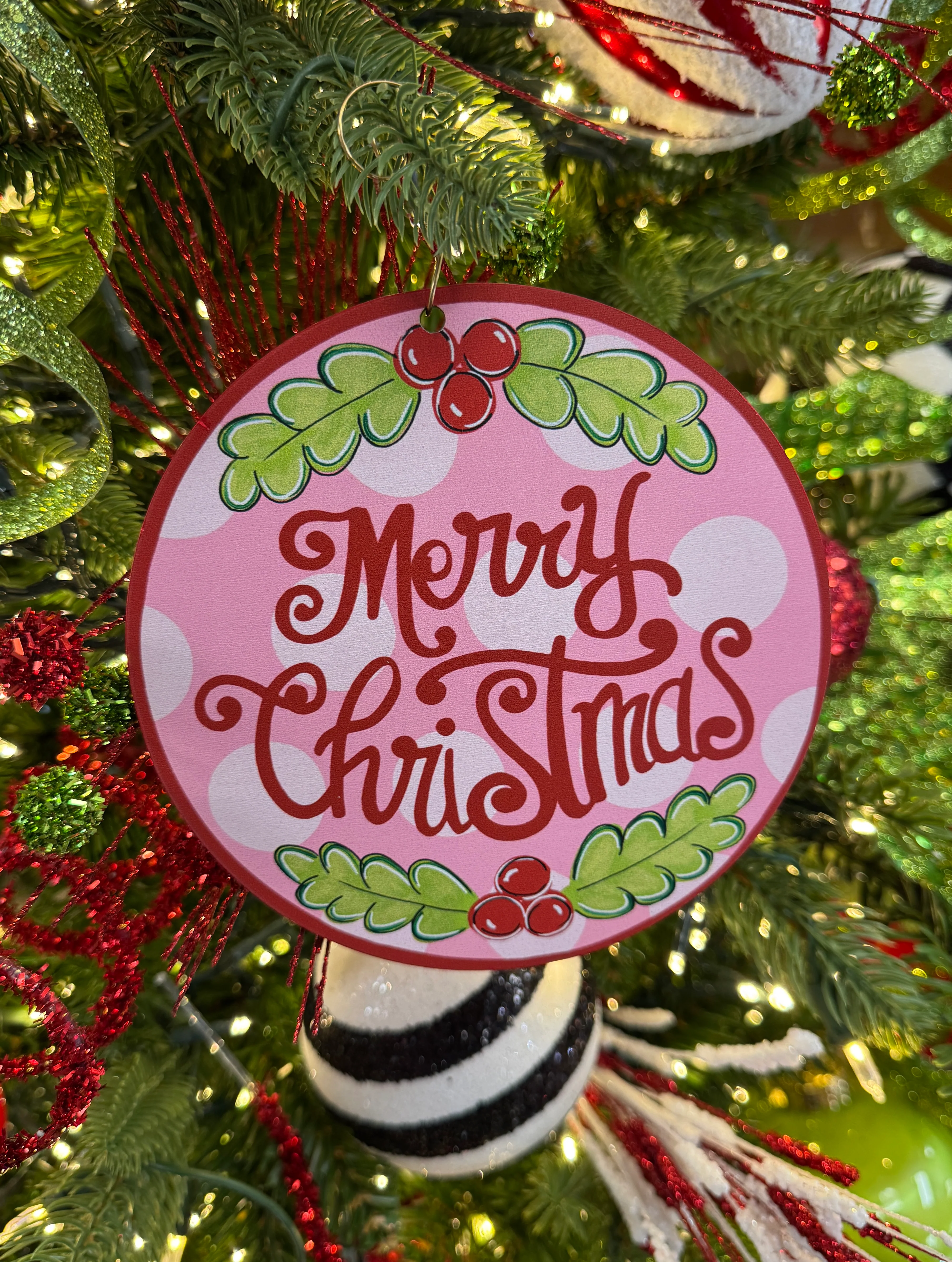Merry Christmas Holly - Pink & Red - Wooden Christmas Ornament