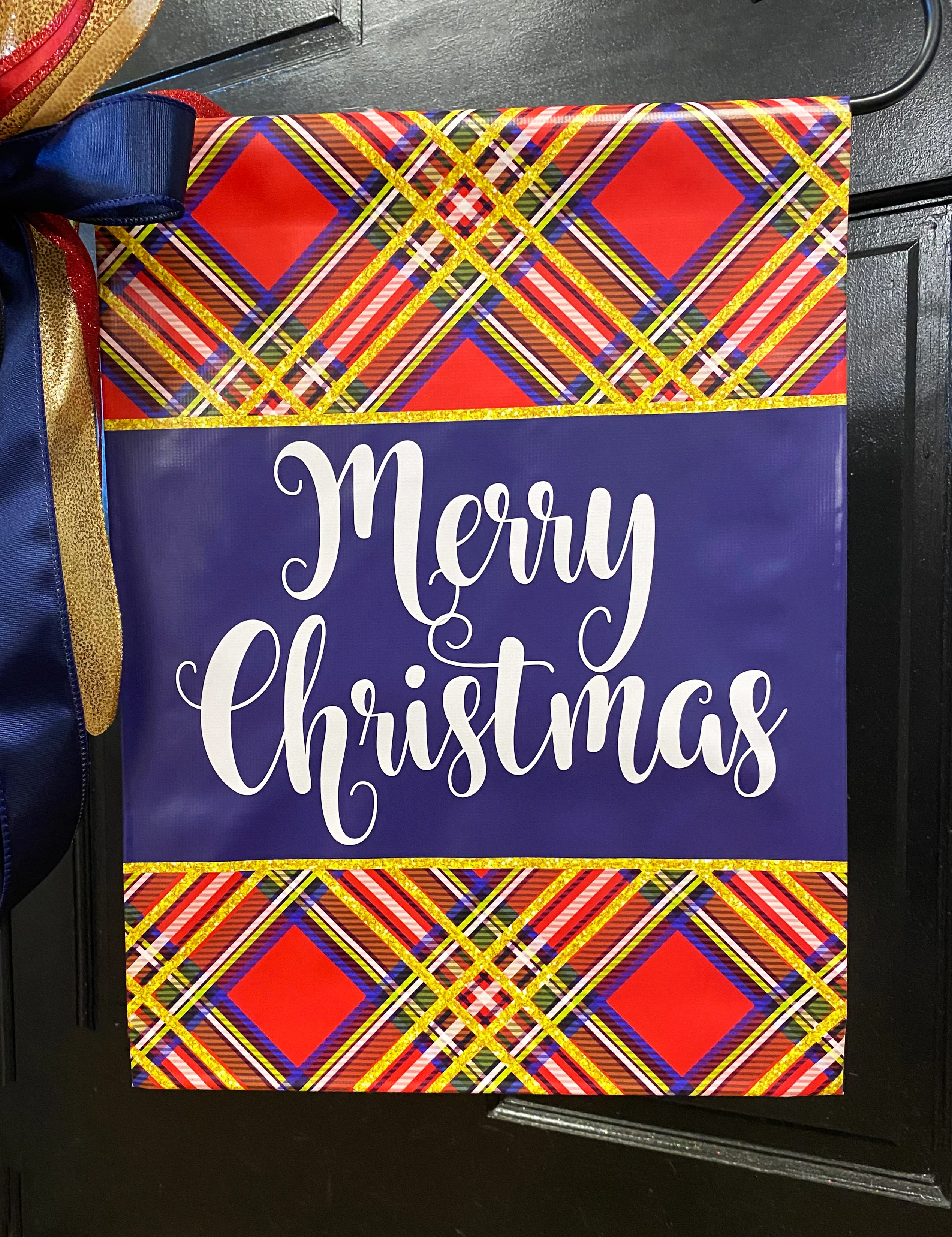 Merry Christmas - Plaid (Navy, Red, Green & Gold) - Vinyl Garden Flag