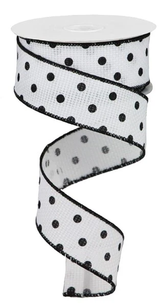 Black Micro Dots on White Linen Wired Ribbon - 1.5" x 50yds