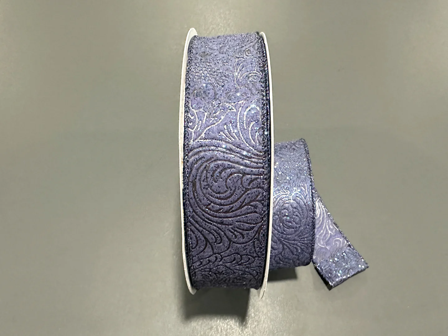 Navy Glittered Flower Embossed Wired Ribbon - 1.5" x 50yds