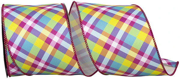 Pastel Plaid Bright Diagonal Wired Ribbon - 4" x 10yds