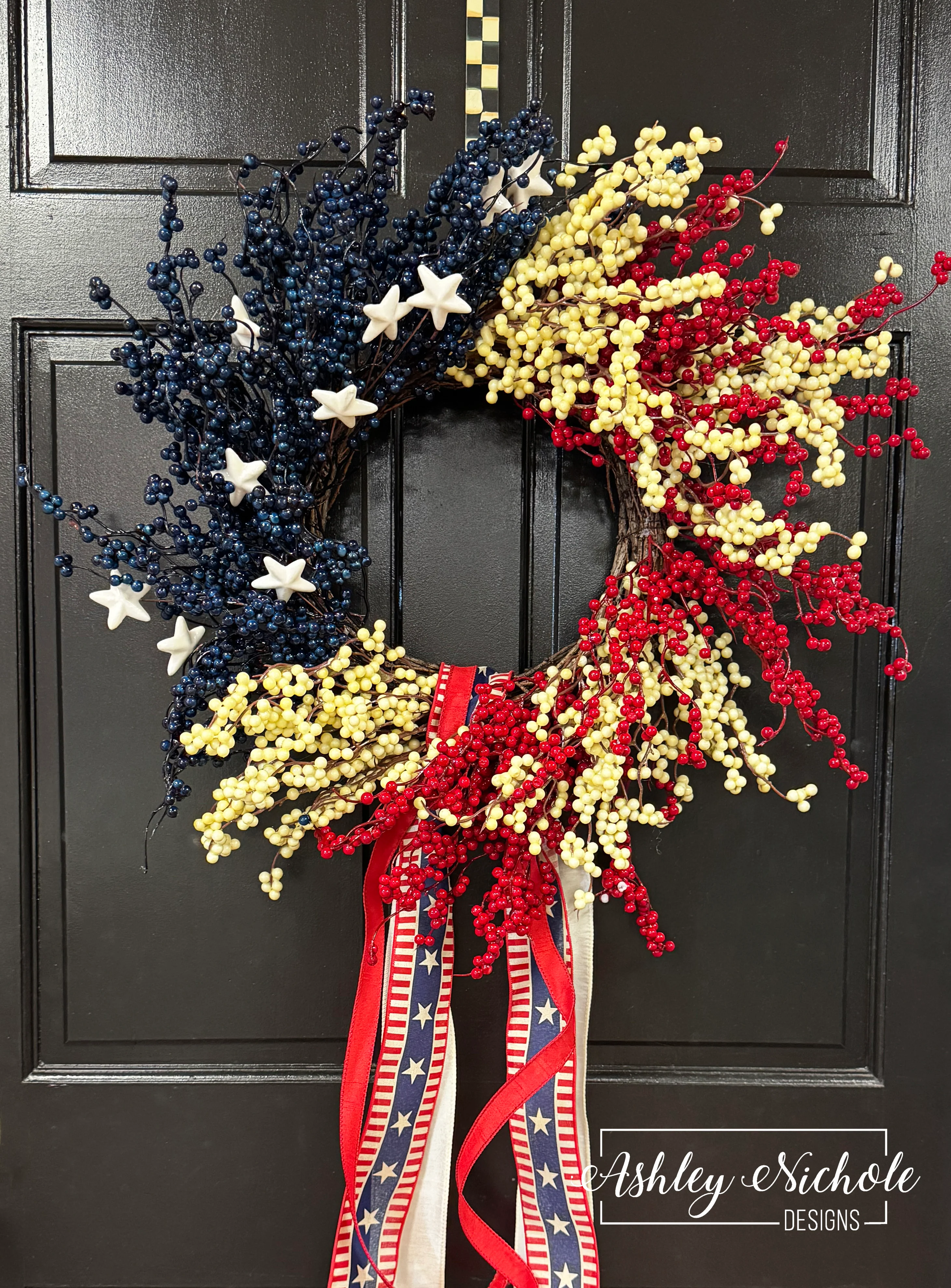 **READY to SHIP** - 24" American Flag Patriotic Berry Wreath with Ribbon Streamer
