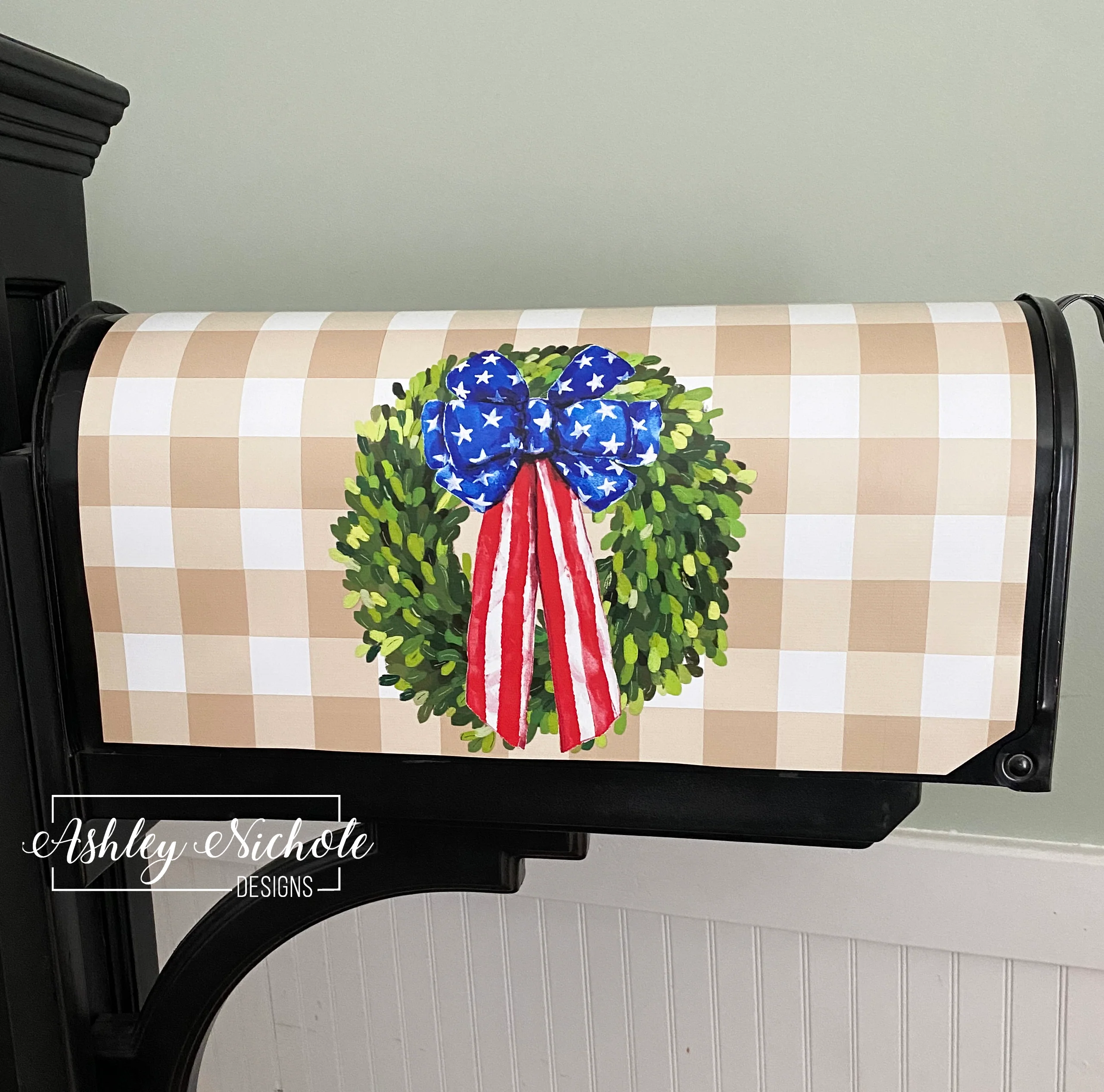 Patriotic Boxwood Wreath - Magnetic Vinyl Mailbox Cover